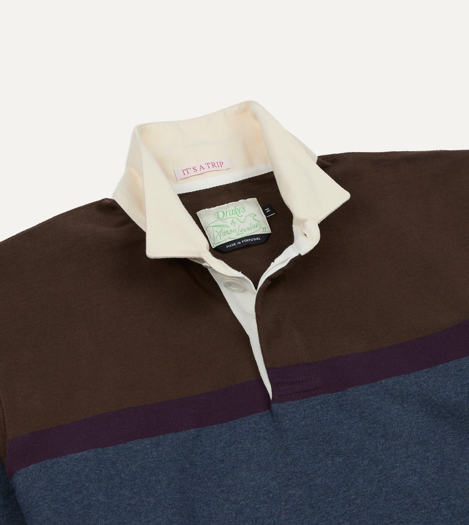 Drake's by A. Levine Brown and Blue Centre Stripe Cotton Rugby Shirt