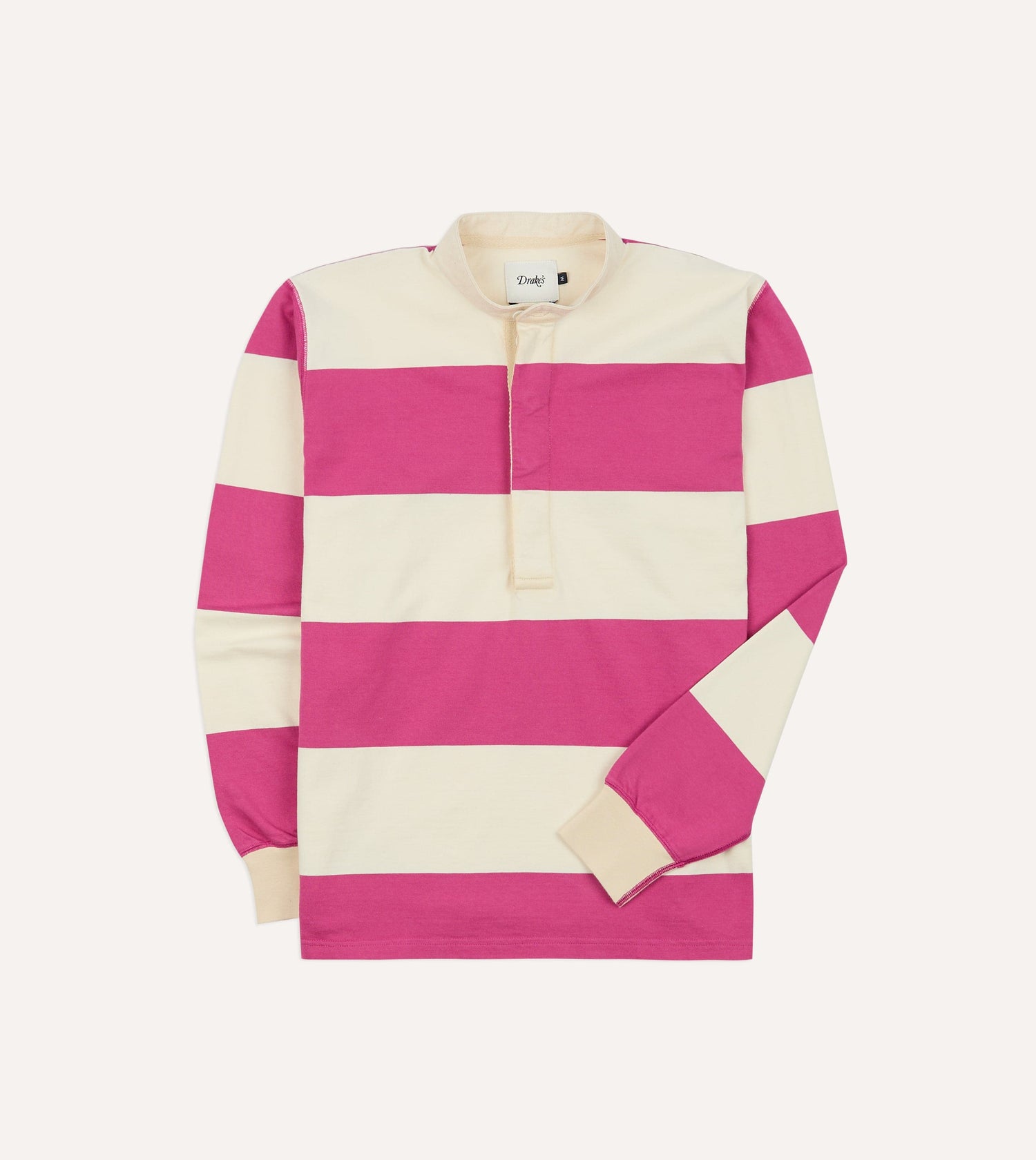 Pink and White Stripe Cotton Mandarin Collar Rugby Shirt