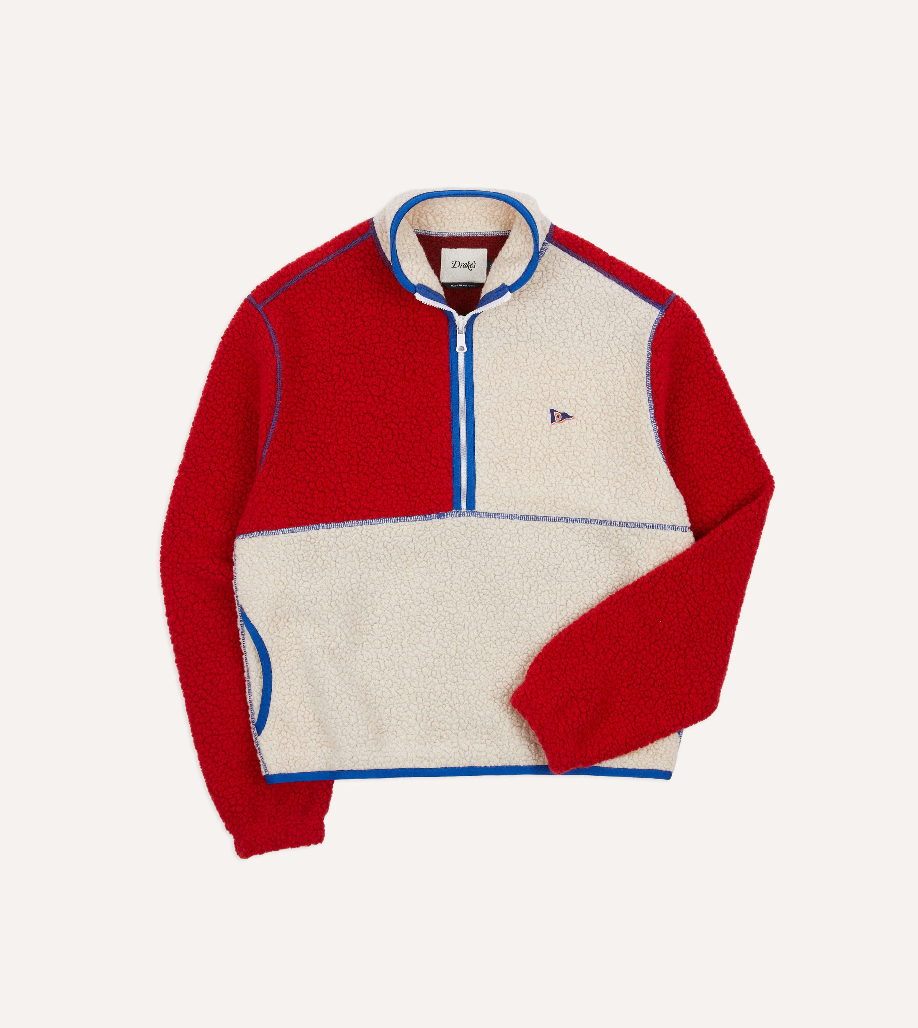 Ecru and Red Boucle Wool Half-Zip Fleece Jacket