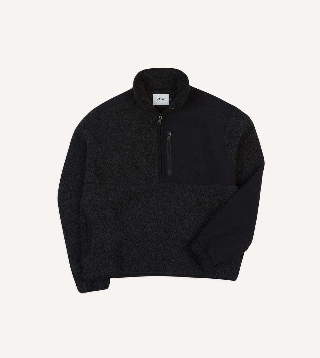 Drake's by Levine Grey Boucle Wool Half-Zip Fleece Jacket