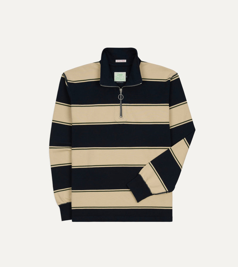 Drake's by A. Levine Navy Stripe Cotton Quarter Zip Rugby Shirt