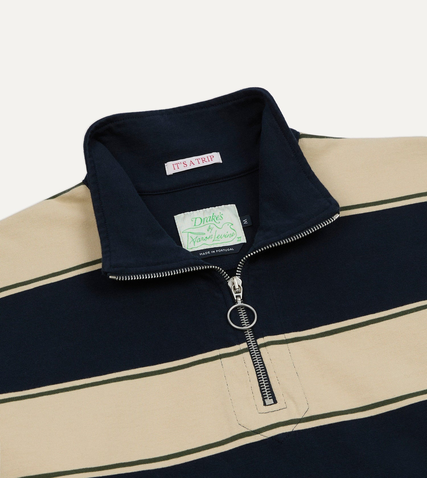 Drake's by A. Levine Navy Stripe Cotton Quarter Zip Rugby Shirt