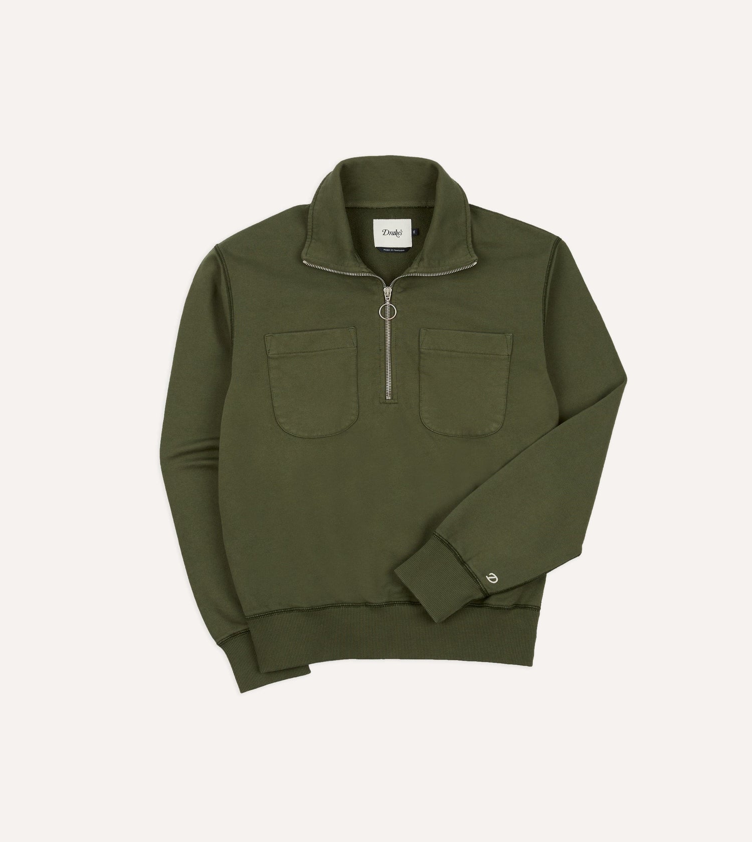 Khaki Green Cotton Quarter Zip Collared Sweatshirt