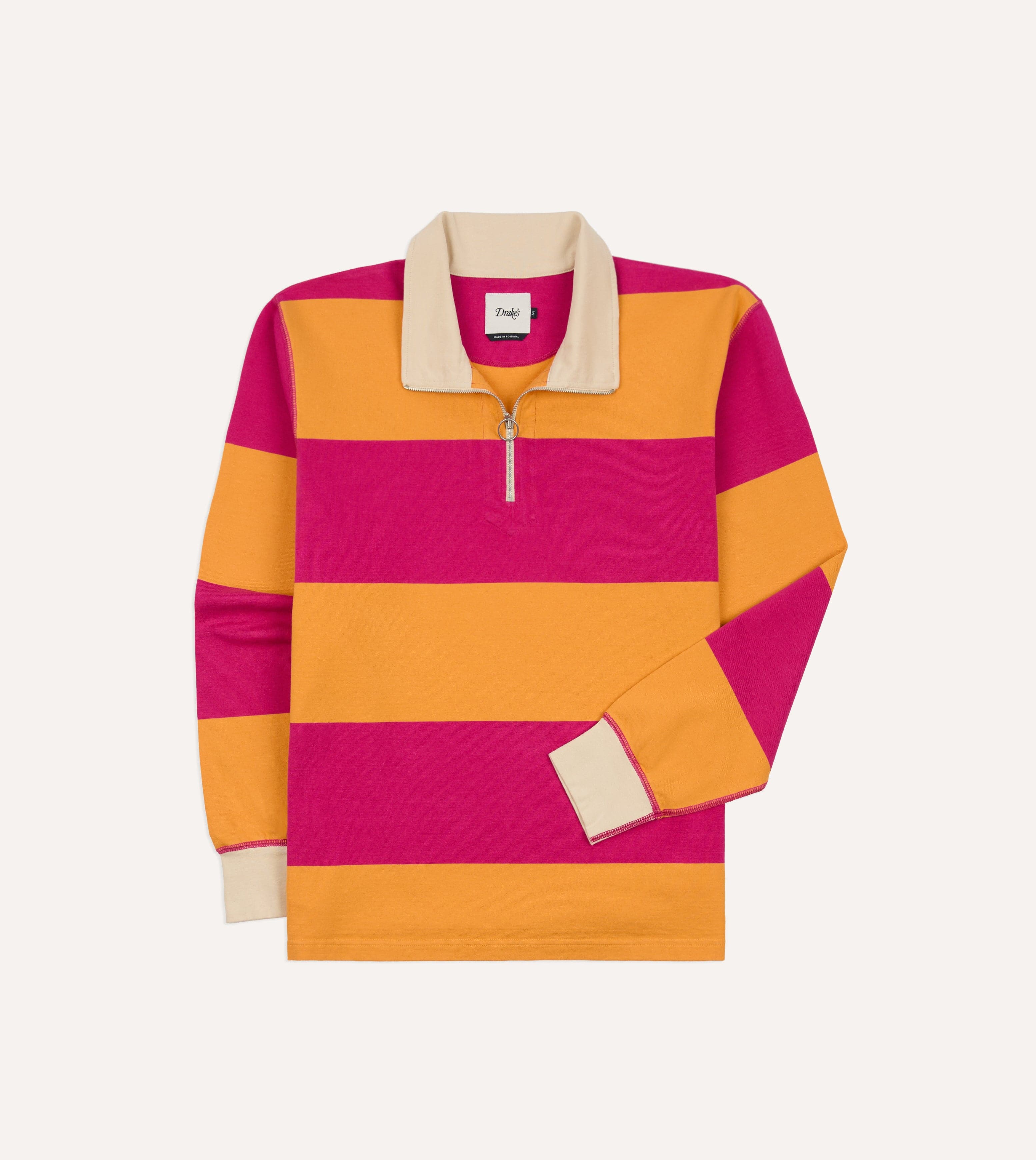 Pink and Orange Block Stripe Cotton Quarter Zip Rugby Shirt