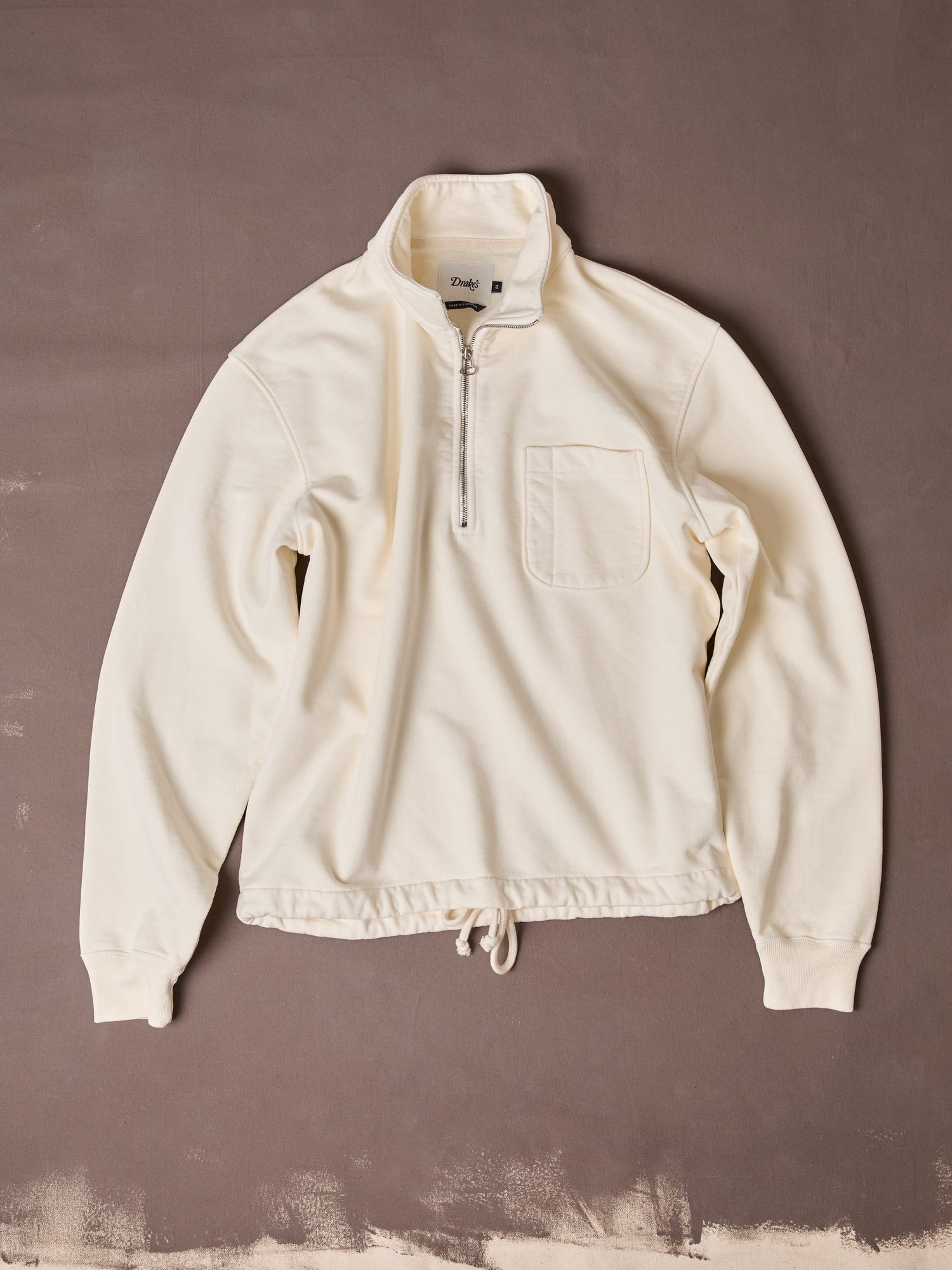 Ecru Cotton Quarter Zip Collared Drawstring Sweatshirt