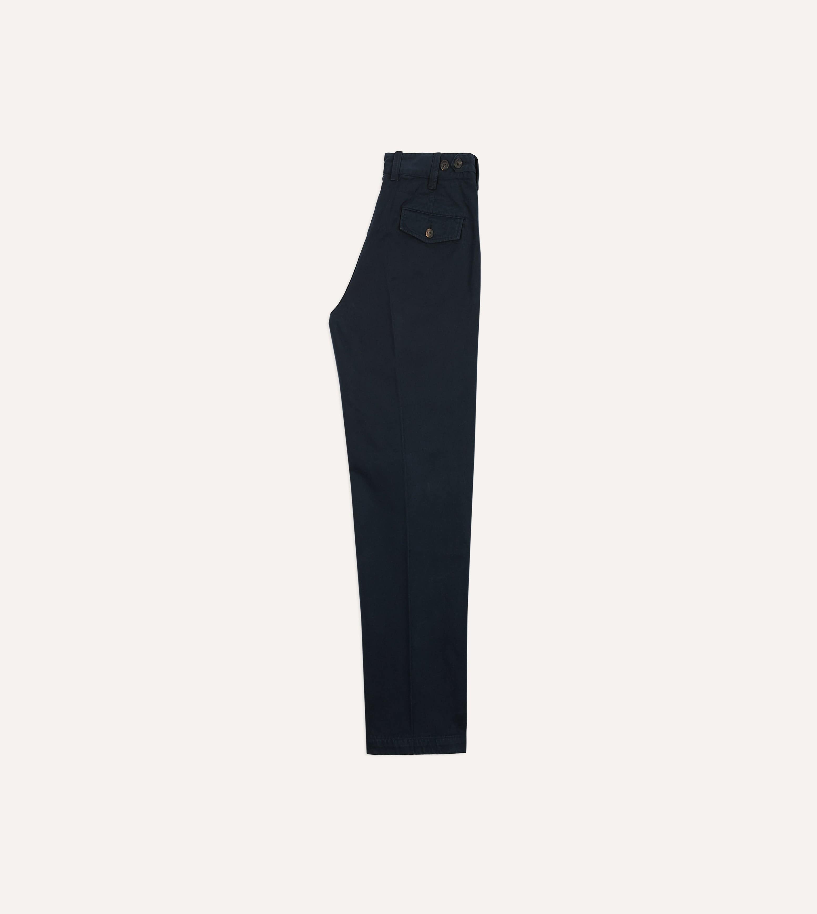 Navy Textured Cotton Flat Front Chino