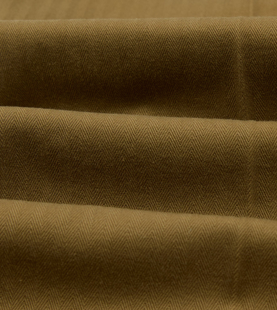 Khaki Herringbone Cotton Wide Leg Flat Front Chino