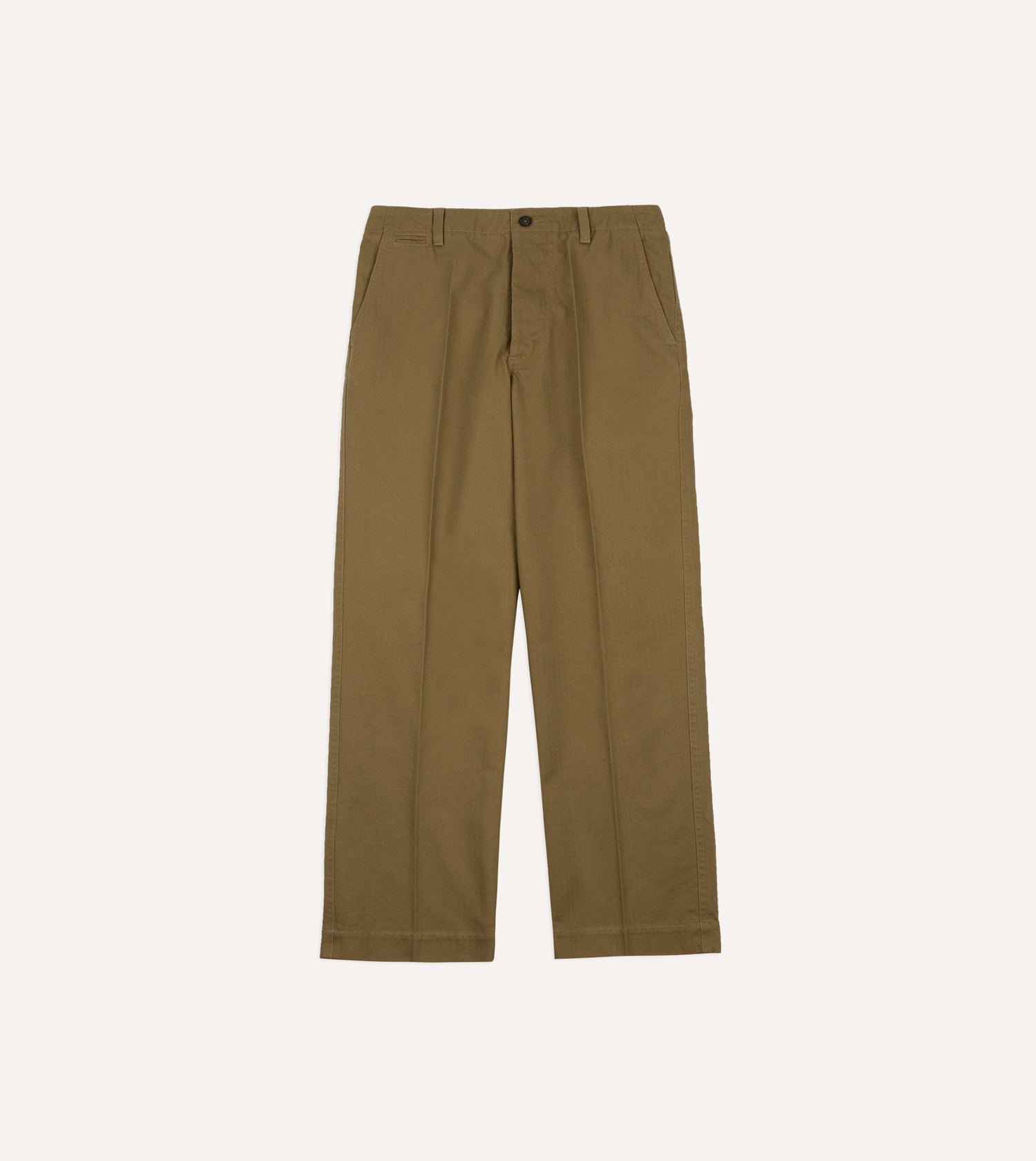 Khaki Herringbone Cotton Wide Leg Flat Front Chino
