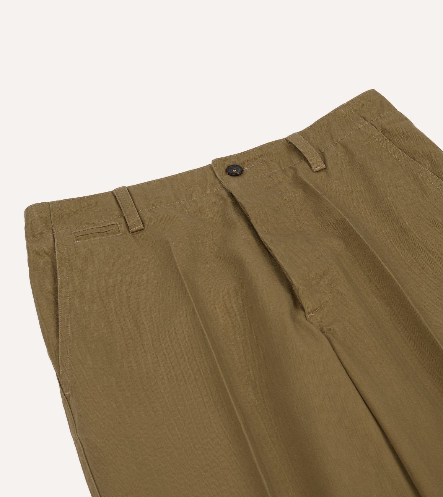 Khaki Herringbone Cotton Wide Leg Flat Front Chino