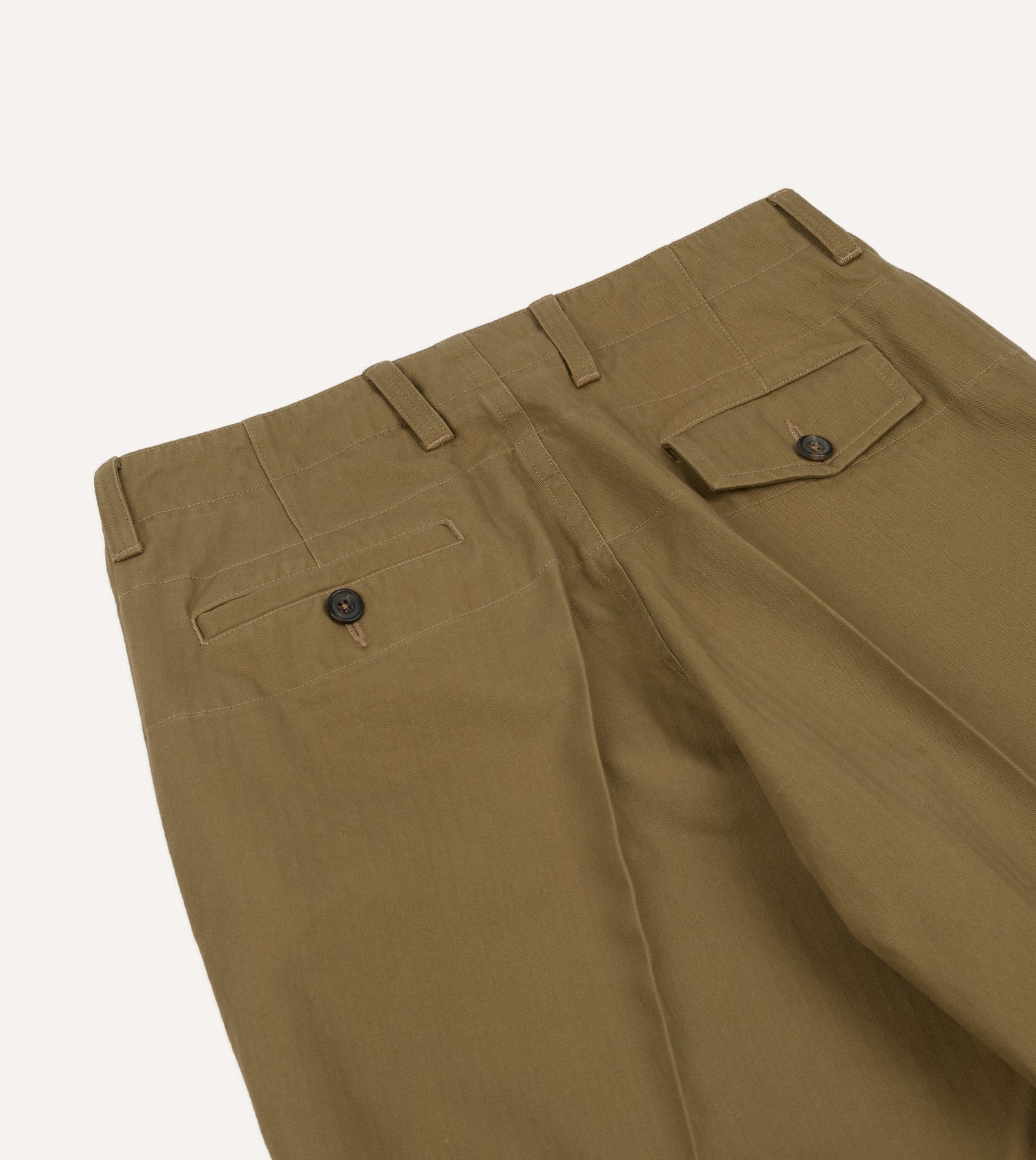 Khaki Herringbone Cotton Wide Leg Flat Front Chino