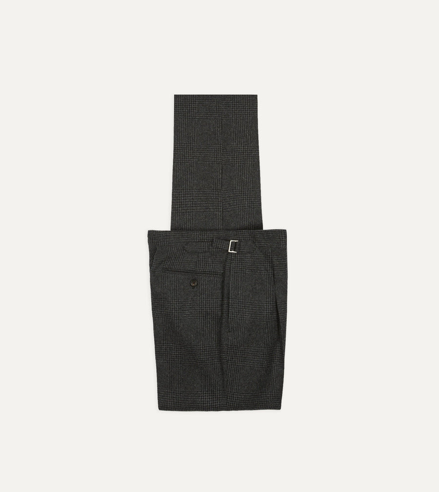 Grey Prince of Wales Check Wool Flannel Single-Pleat Trouser