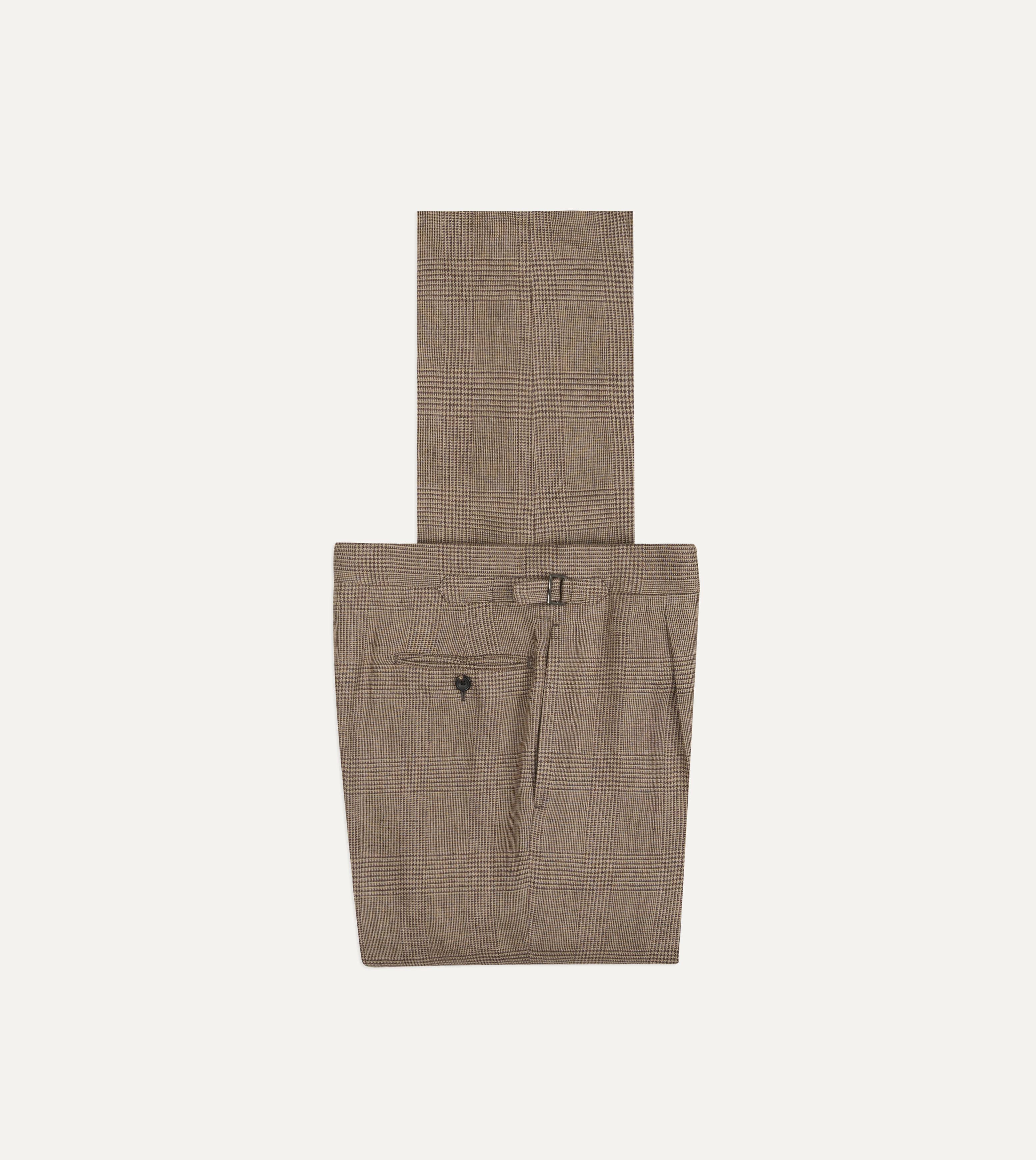 Brown Prince of Wales Check Linen Single Pleat Trouser