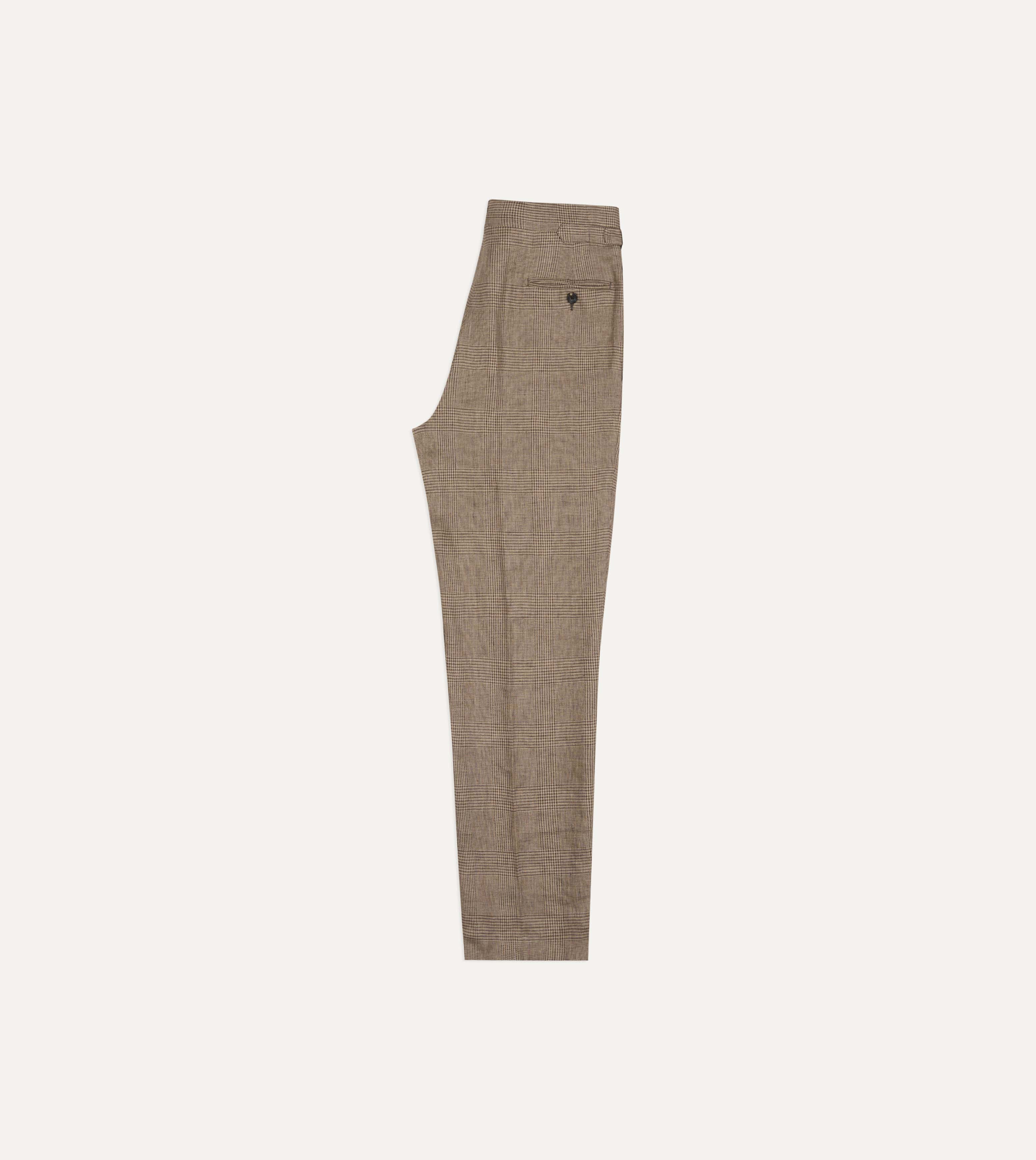 Brown Prince of Wales Check Linen Single Pleat Trouser