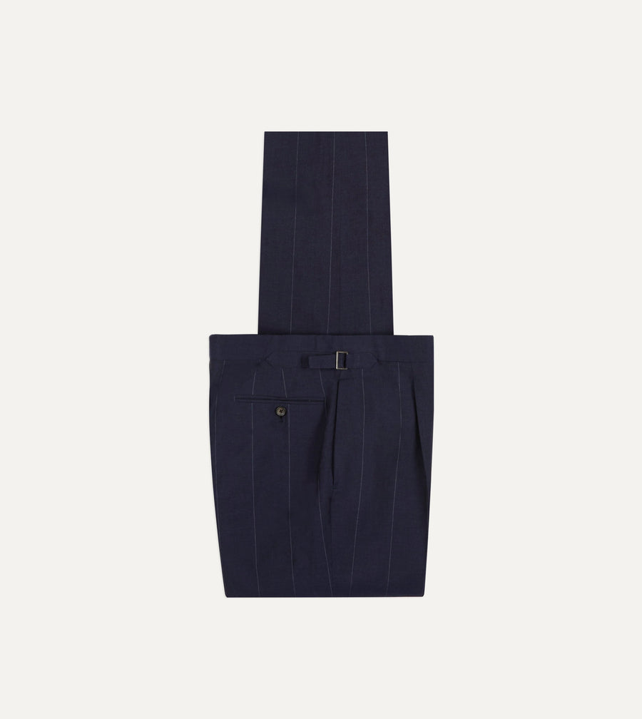 Navy Pinstripe Wool-Linen Single-Pleat Trouser