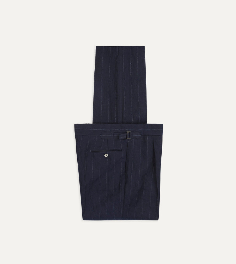 Navy Pinstripe Wool-Cotton Single Pleat Trouser