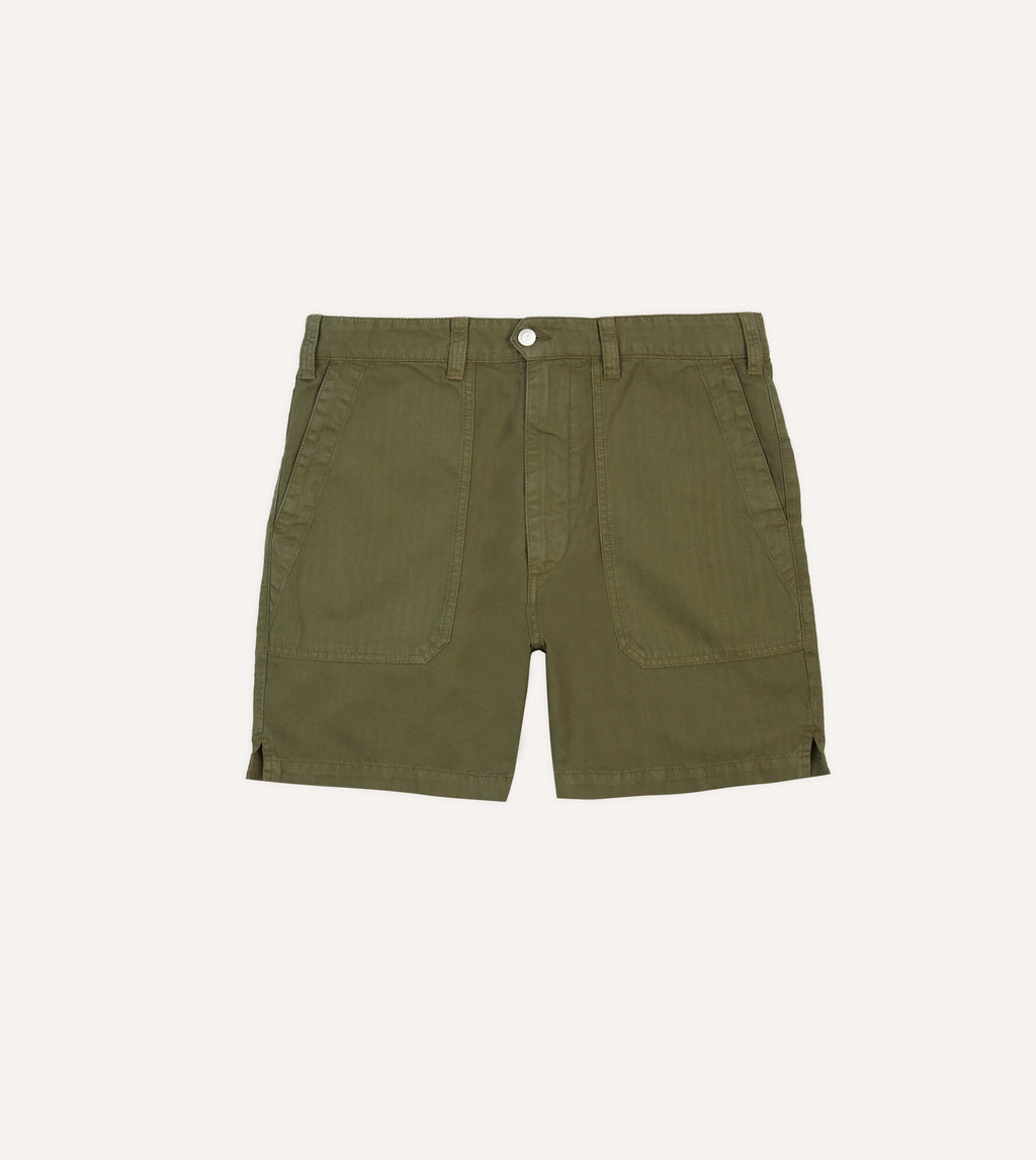 Olive Cotton-Linen Herringbone Fatigue Shorts – Drakes