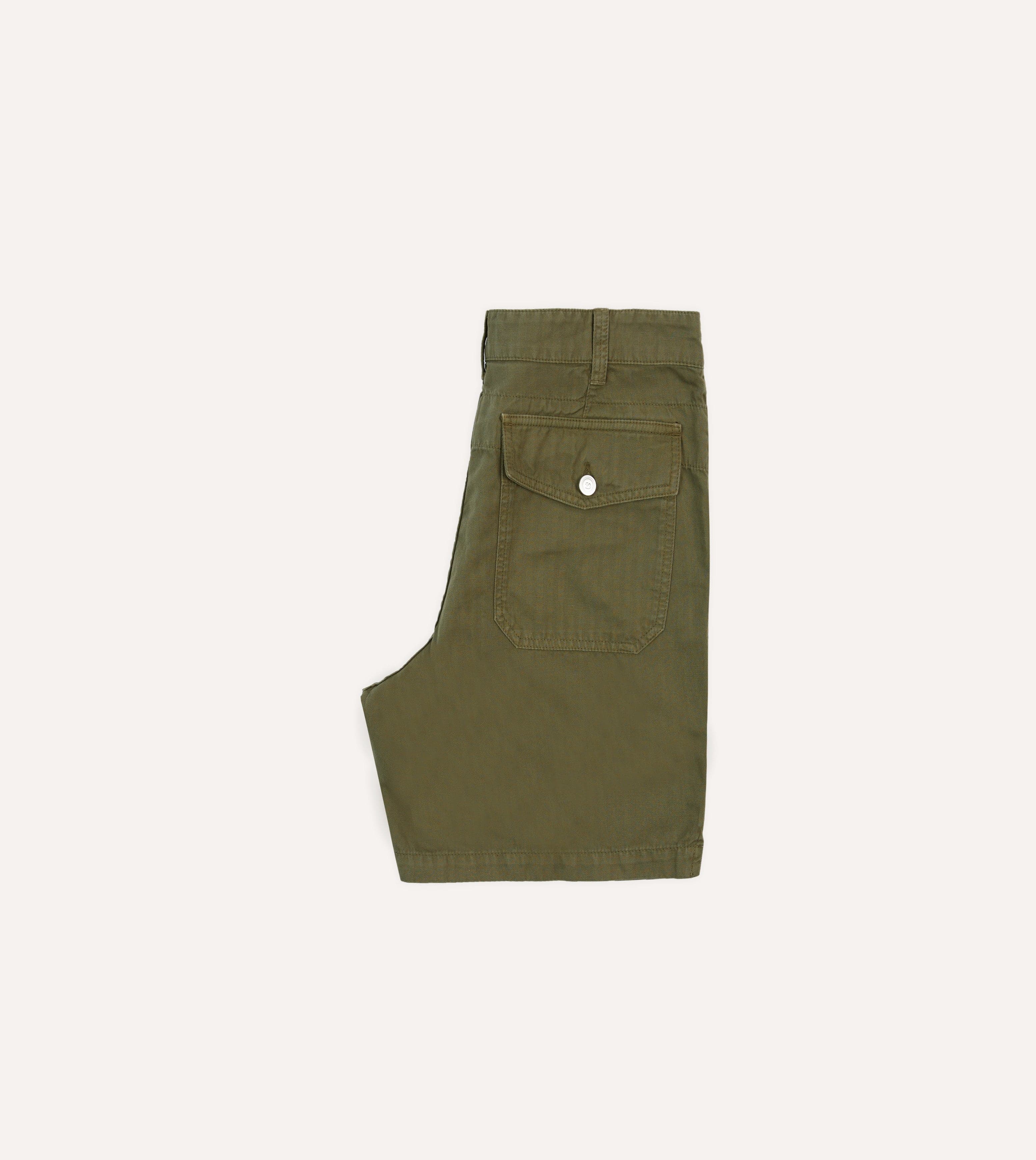 Olive Cotton-Linen Herringbone Fatigue Shorts