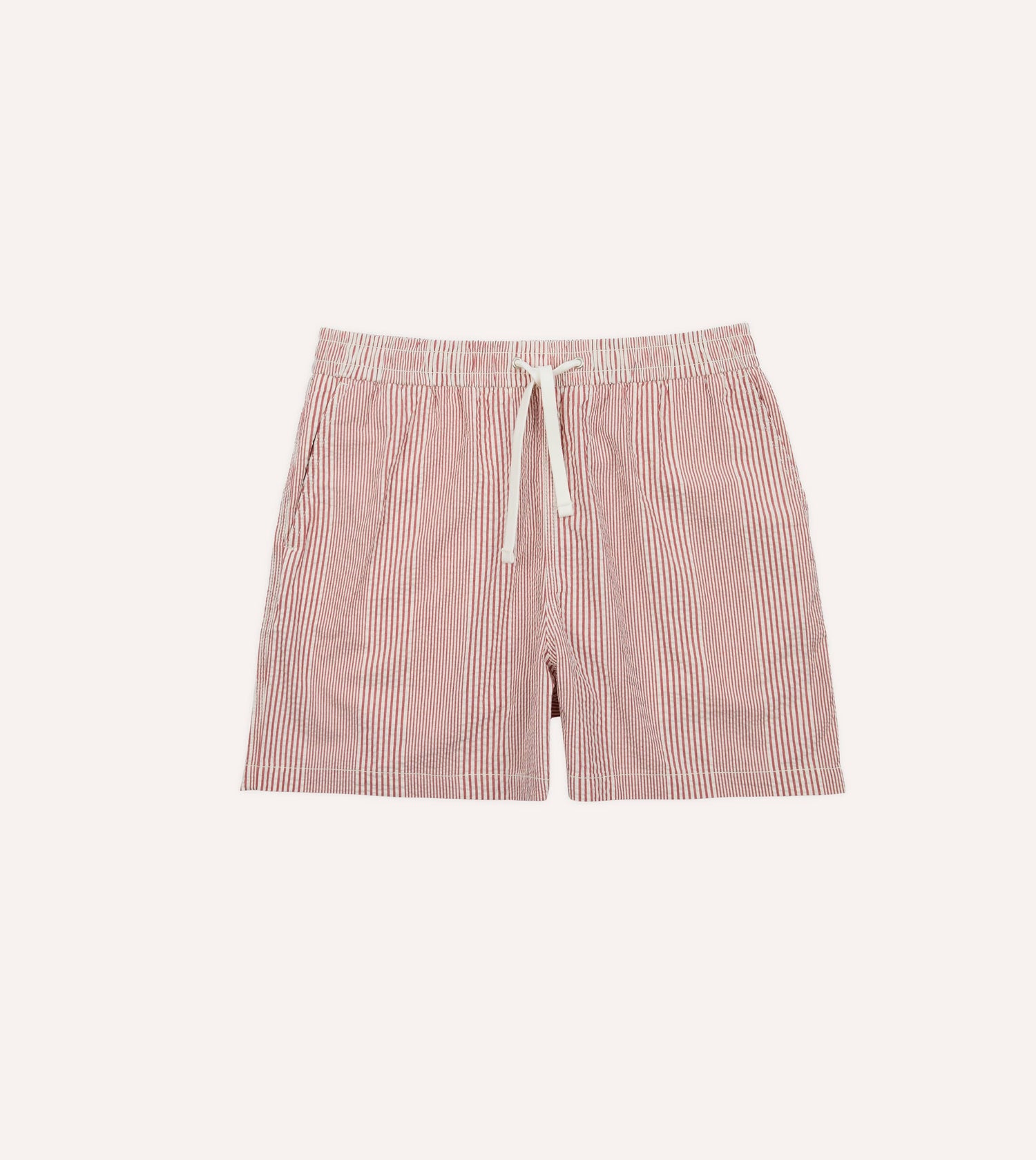 Red Stripe Seersucker Cotton Drawstring Shorts