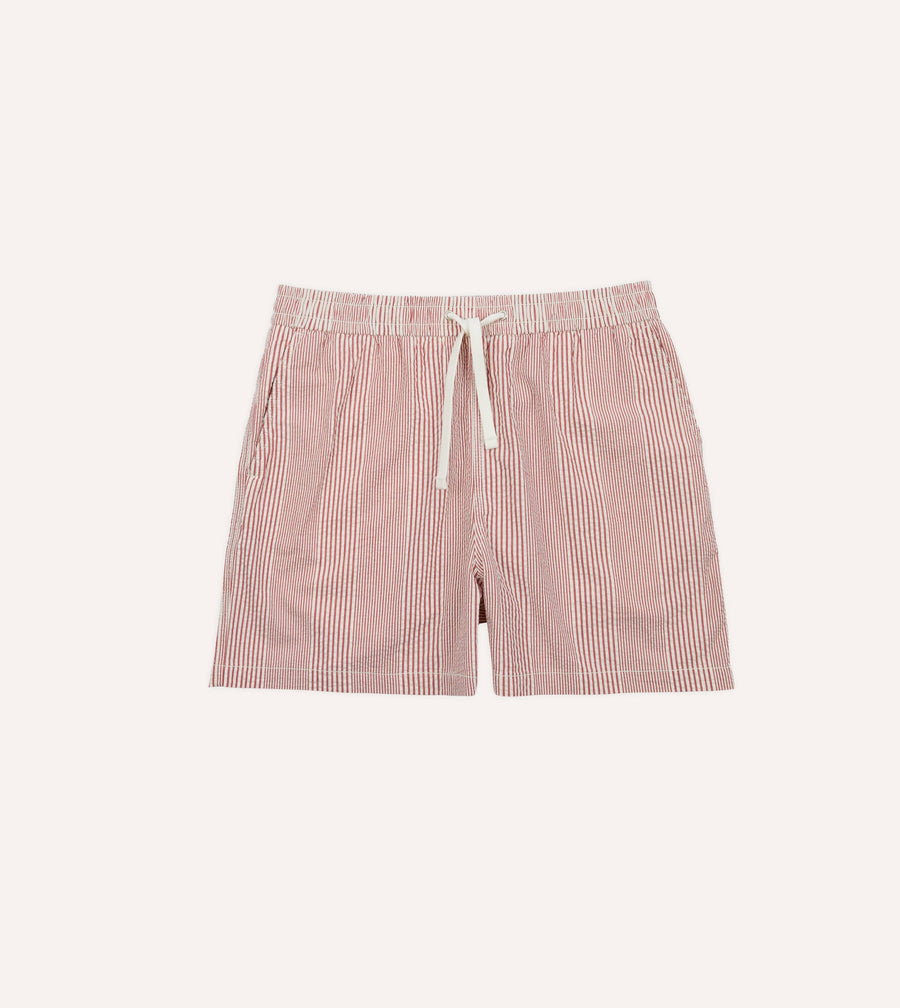Red Stripe Seersucker Cotton Drawstring Shorts