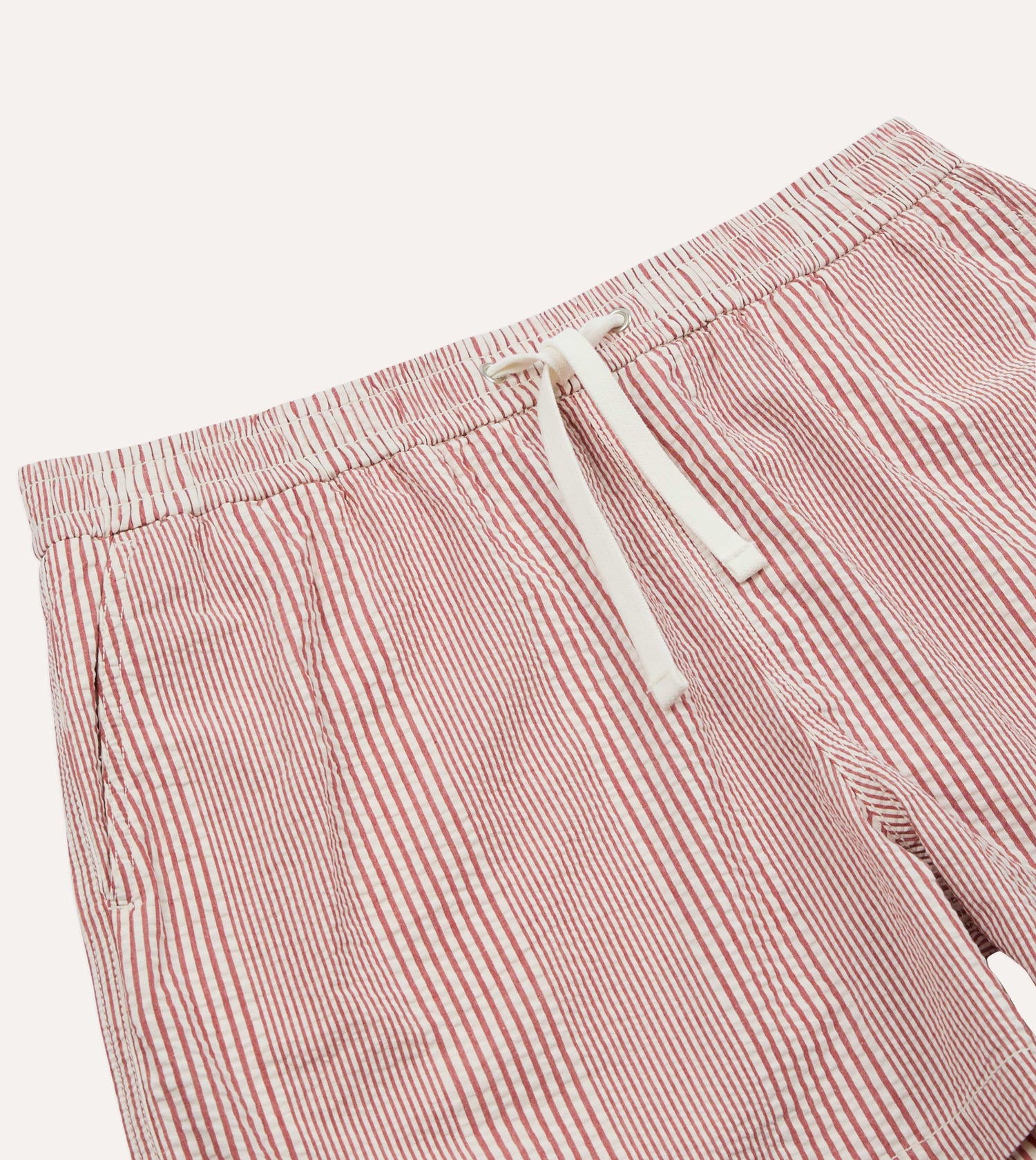 Red Stripe Seersucker Cotton Drawstring Shorts