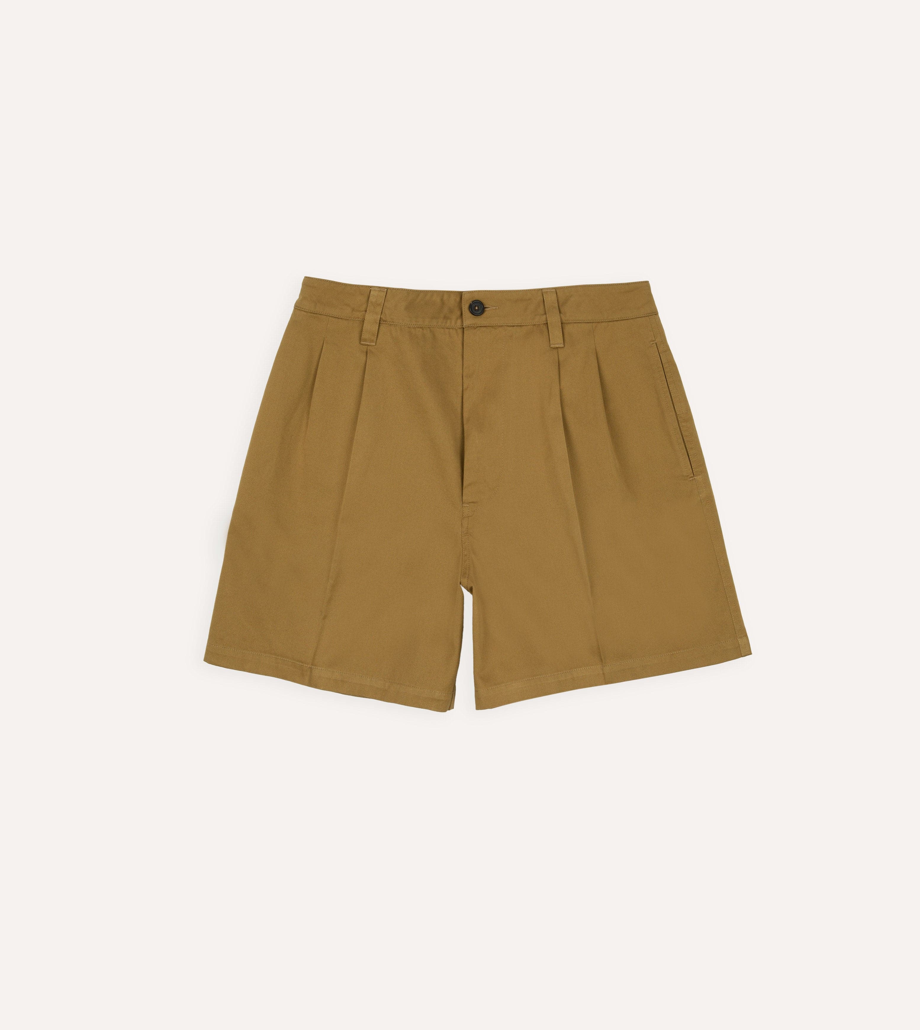 Khaki Cotton Wide Leg Double-Pleat Shorts – Drakes