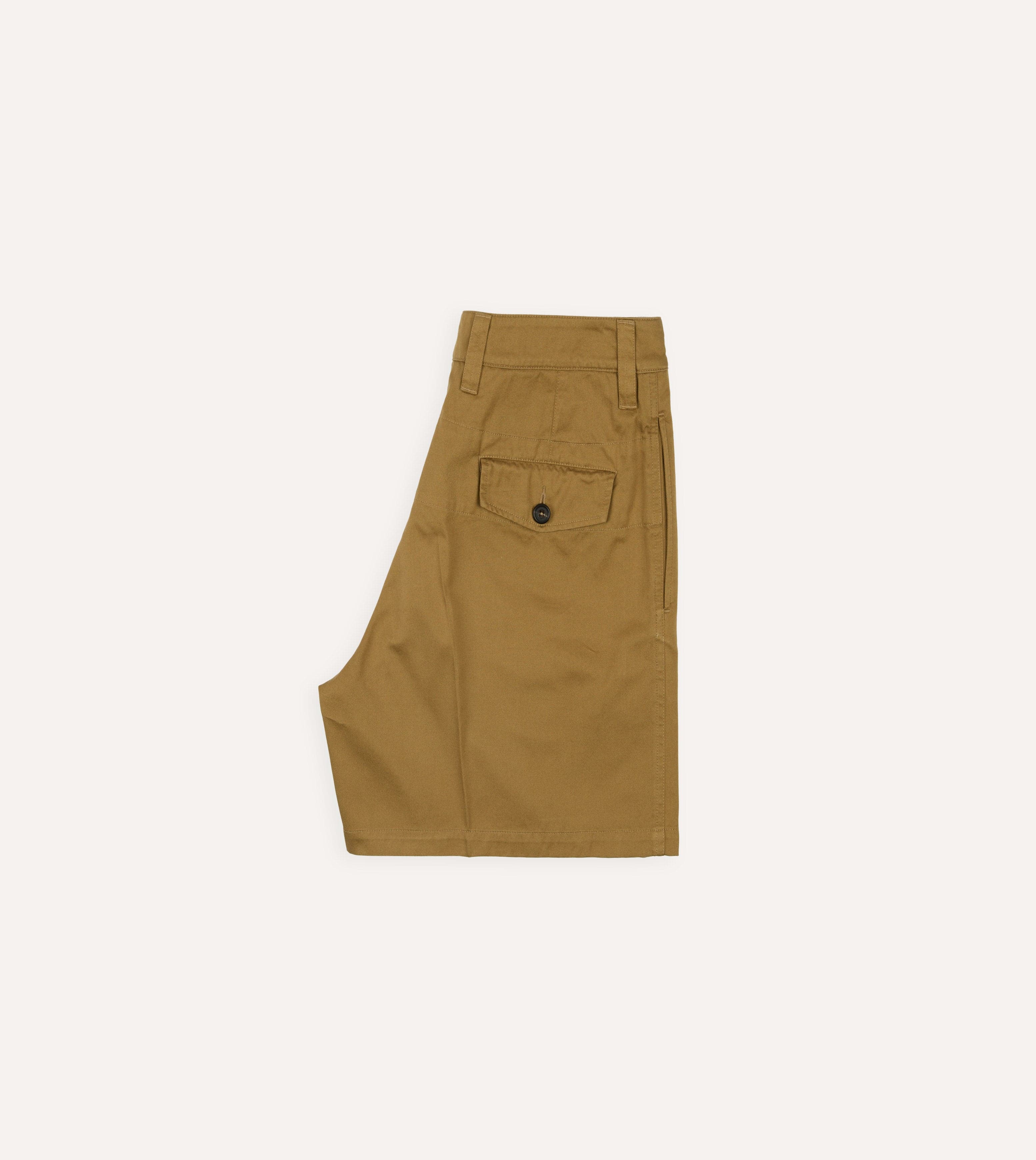 Khaki Cotton Wide Leg Double-Pleat Shorts