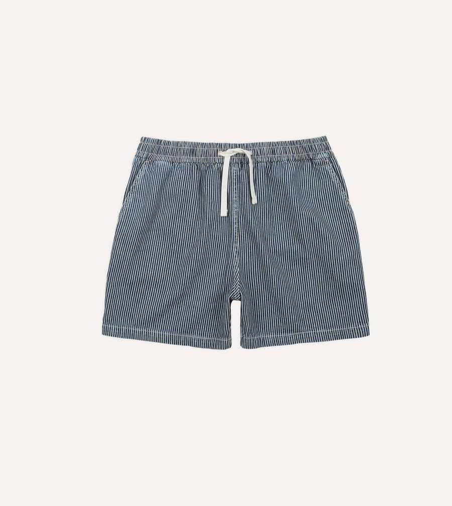 Indigo Stripe Cotton Drawstring Shorts