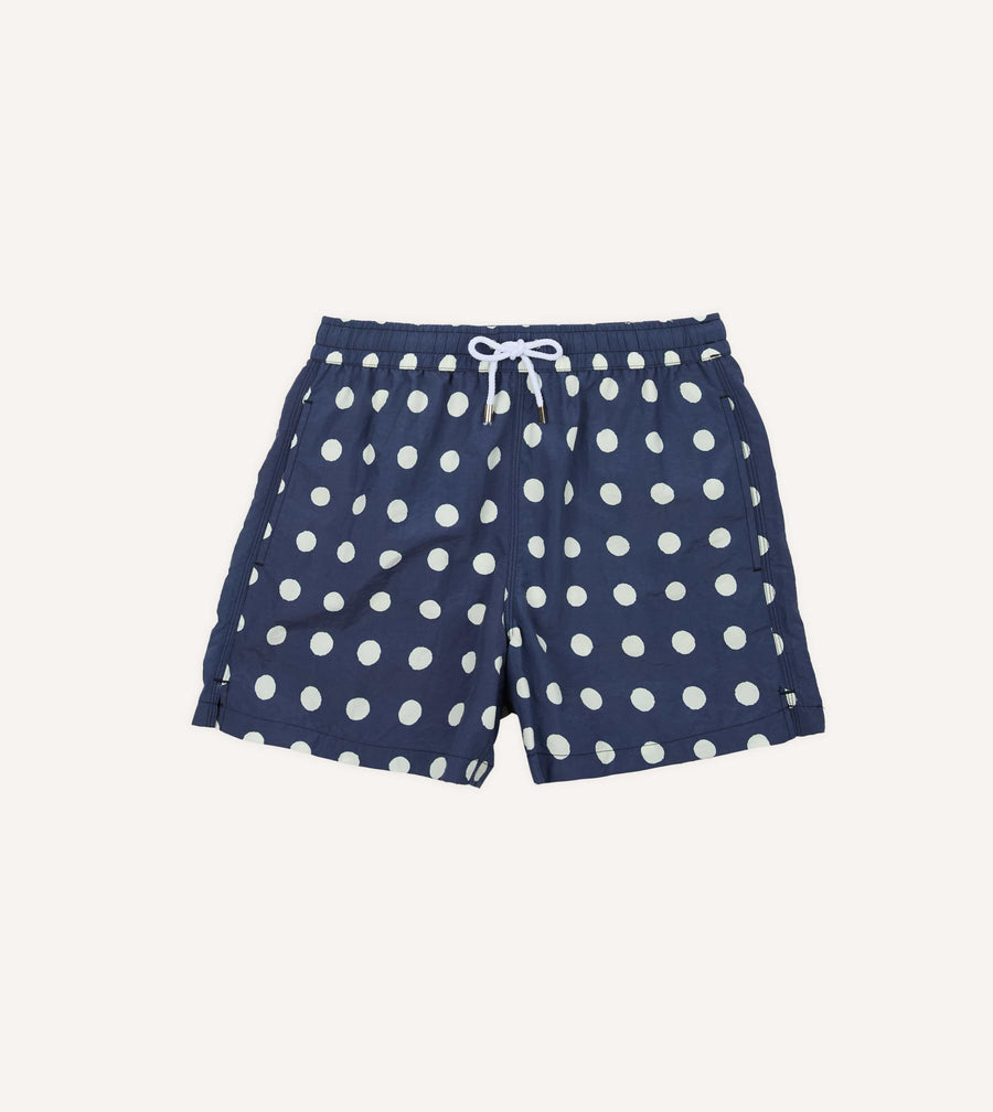 Navy Polka Dot Print Nylon Drawstring Swim Shorts