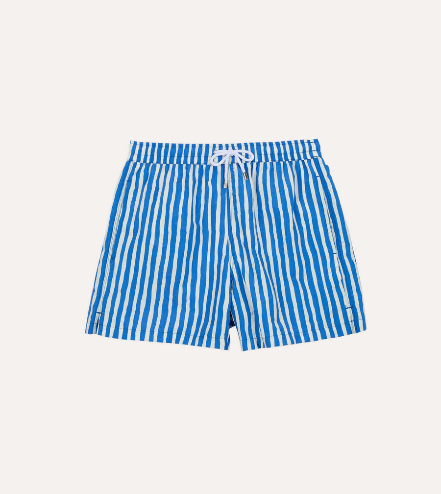 Blue Stripe Print Nylon Drawstring Swim Shorts