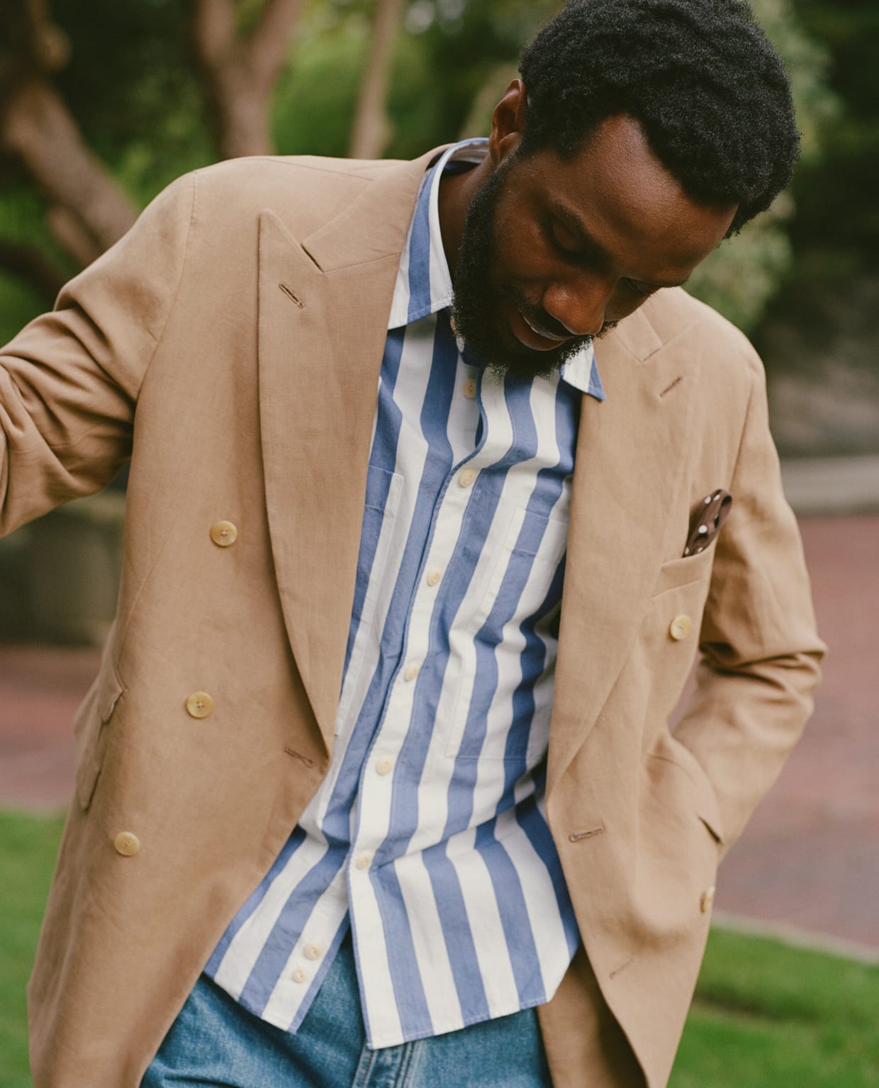 Blue and White Awning Stripe Cotton Long Point Collar Shirt