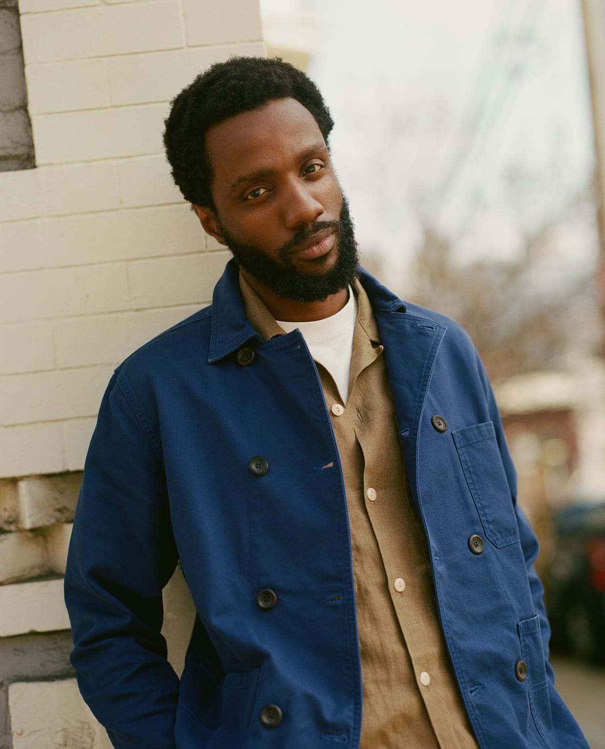 French Blue Cotton Serge Double-Breasted Chore Coat – Drakes