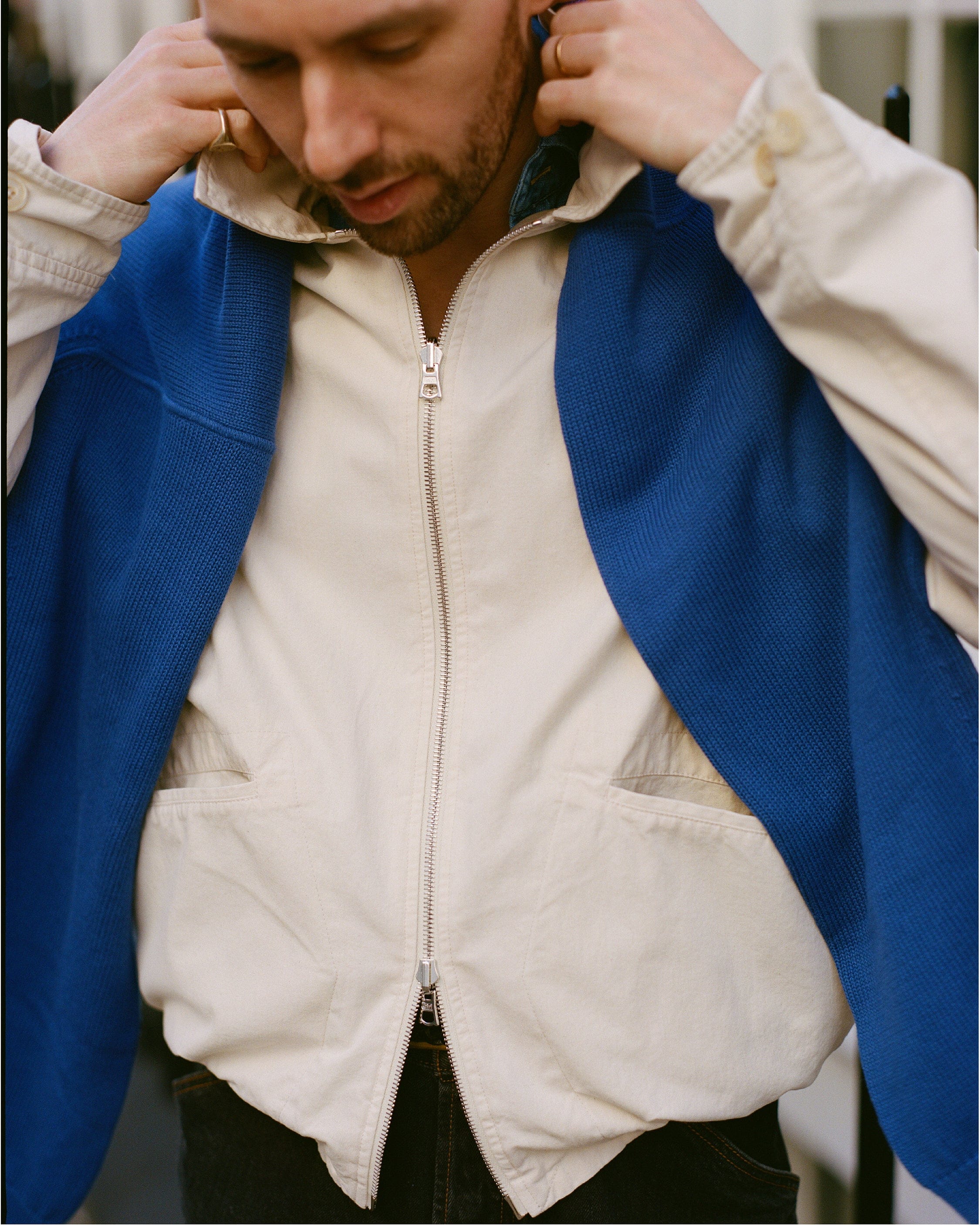 Ecru and Tan Reversible Cotton Blouson Jacket