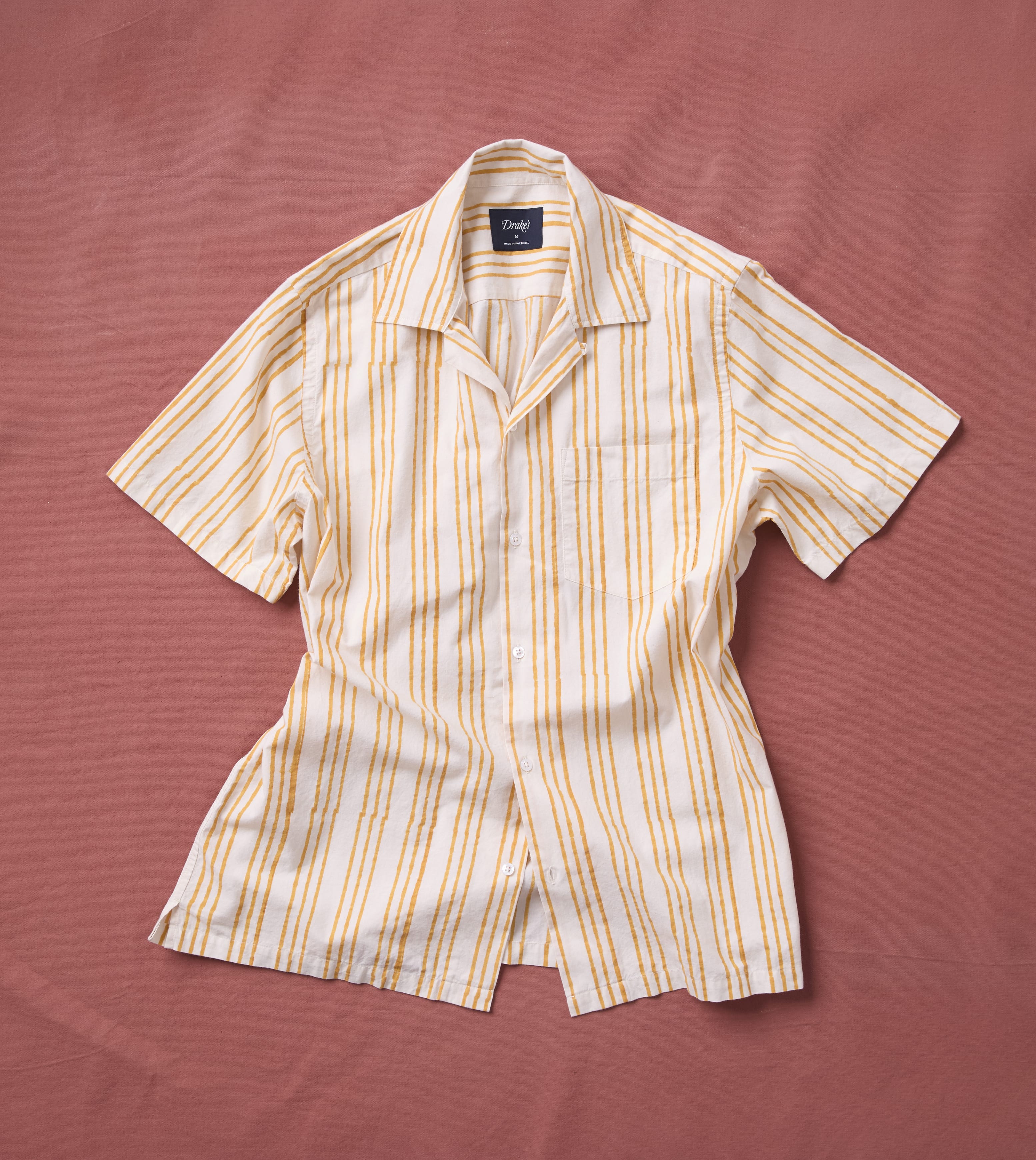Yellow Triple Stripe Block Print Cotton Camp Collar Short Sleeve Shirt