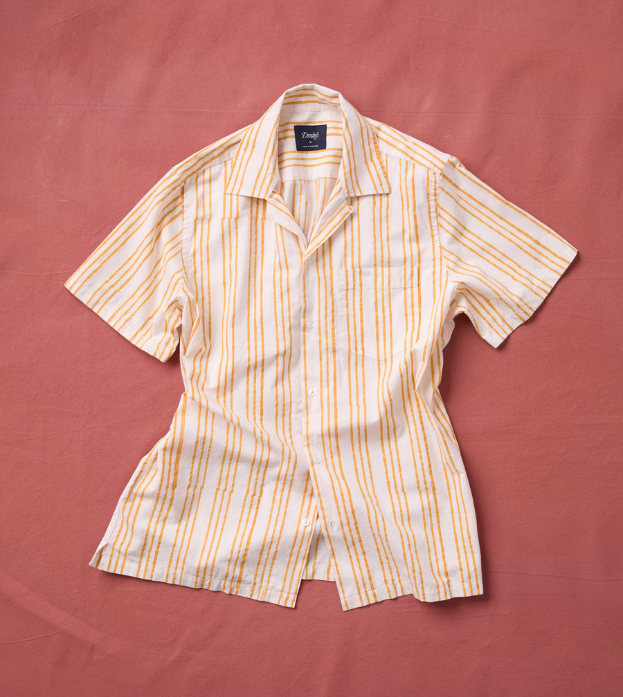 Yellow Triple Stripe Block Print Cotton Camp Collar Short Sleeve Shirt