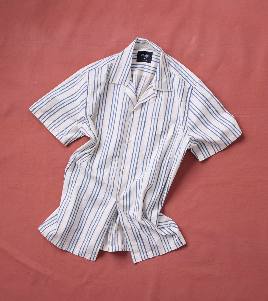 Indigo Triple Stripe Block Print Cotton Camp Collar Short Sleeve Shirt