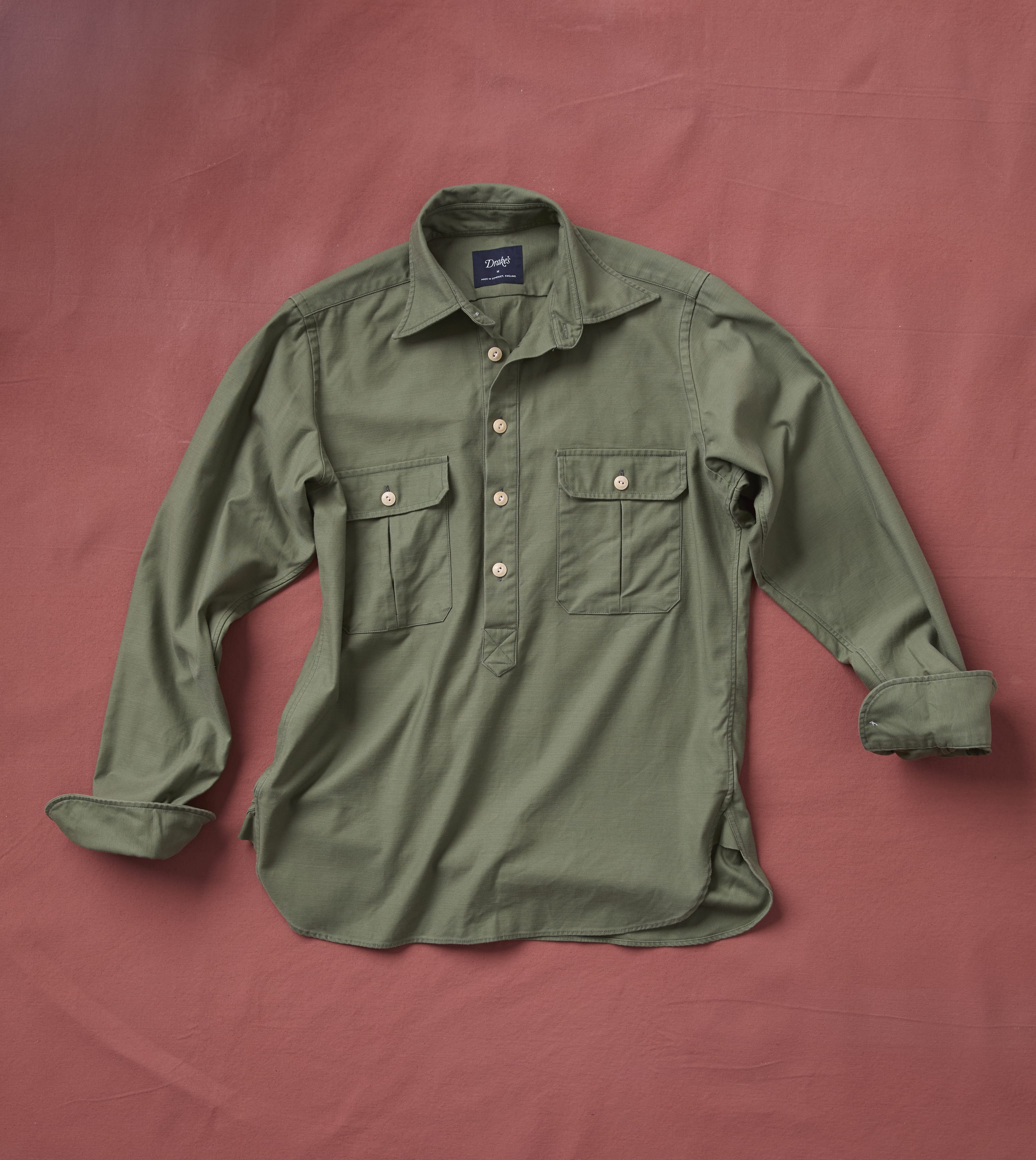 Green Satin Cotton Popover Work Shirt – Drakes