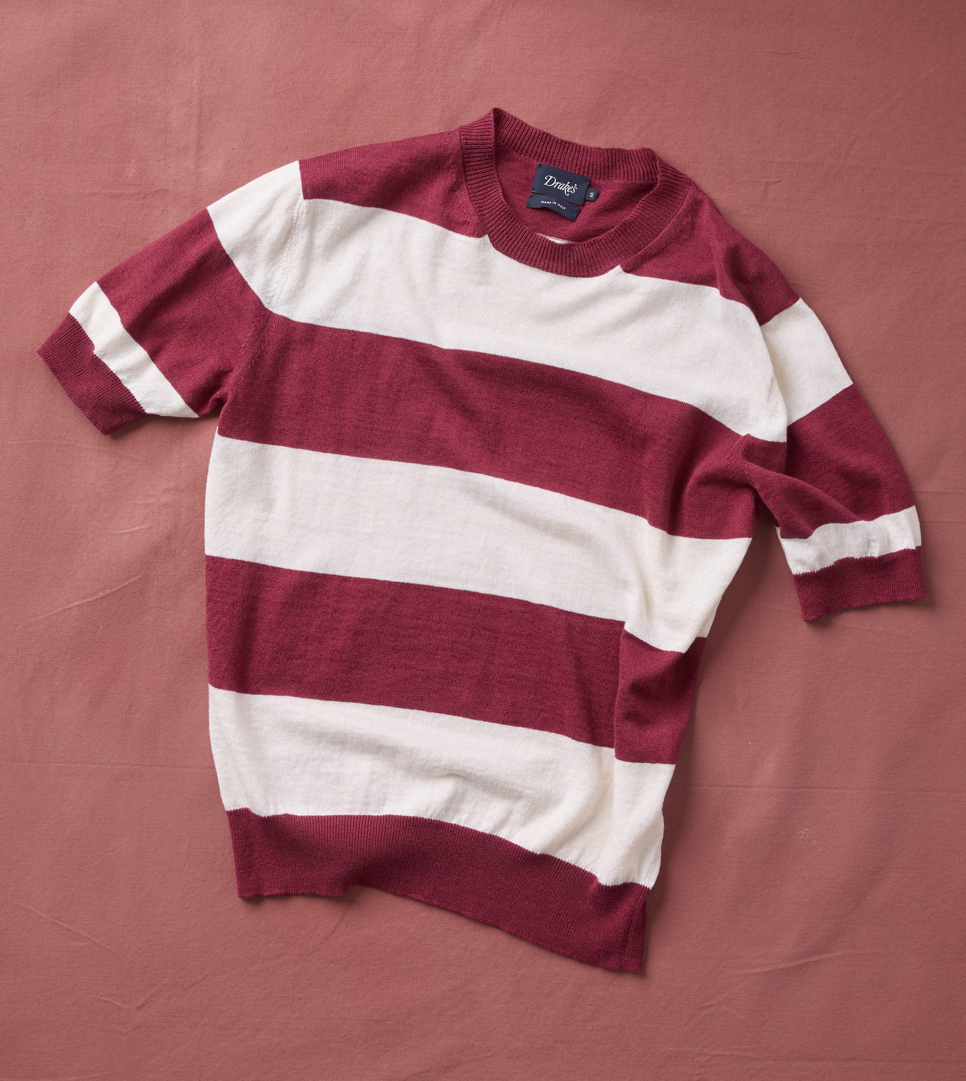 Ecru and Burgundy Stripe Crew Neck Knitted T-Shirt