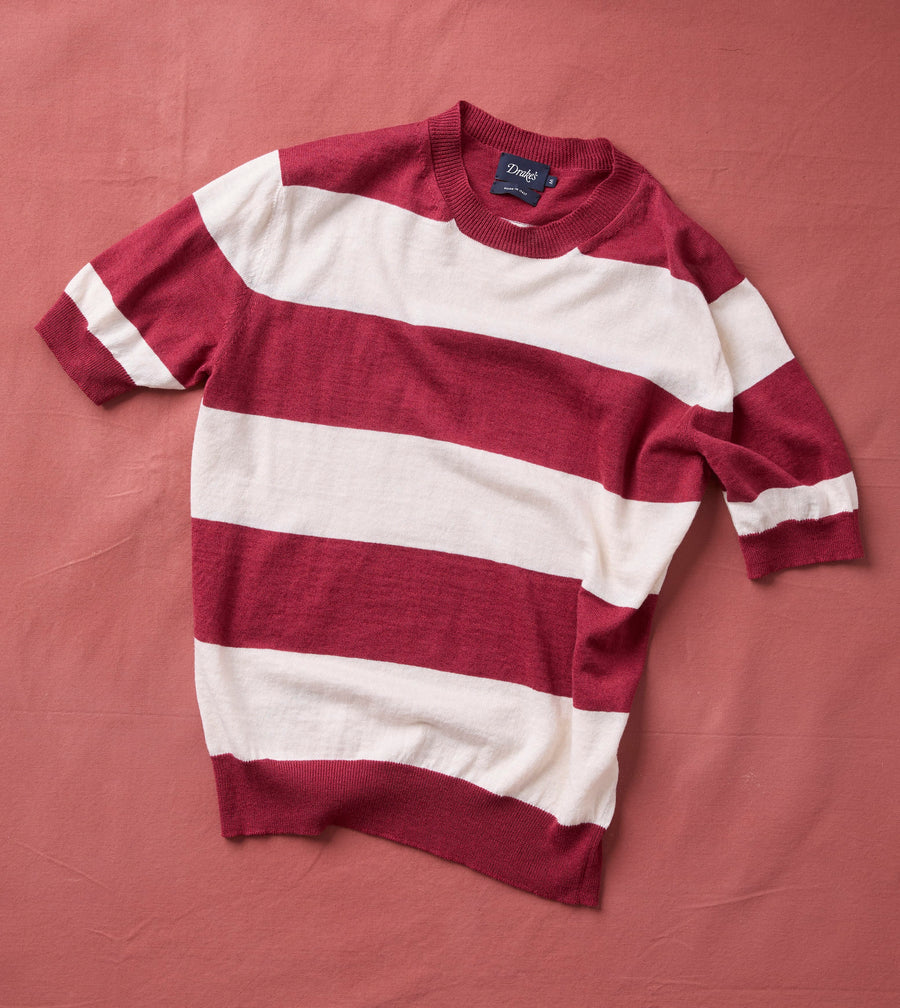 Ecru and Burgundy Stripe Crew Neck Knitted T-Shirt