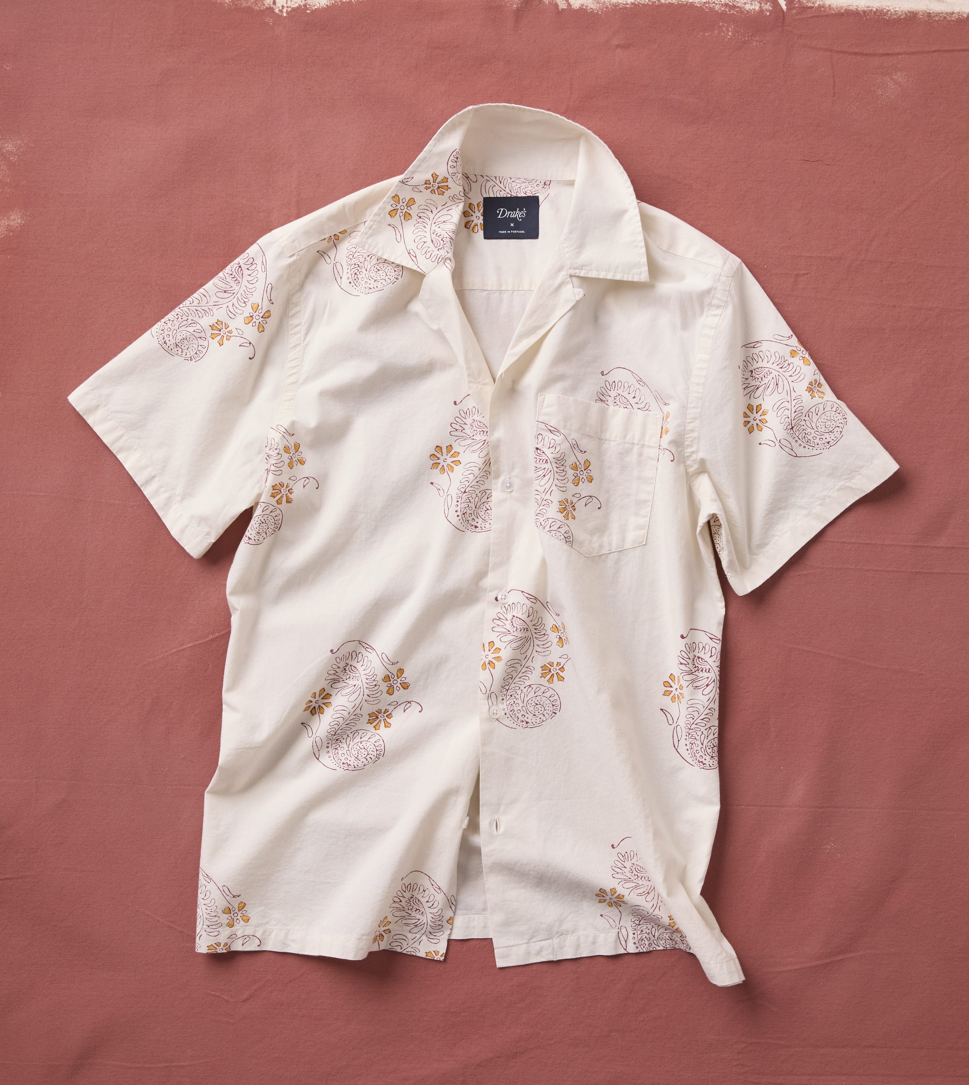Ecru Floral Block Print Cotton Camp Collar Short Sleeve Shirt