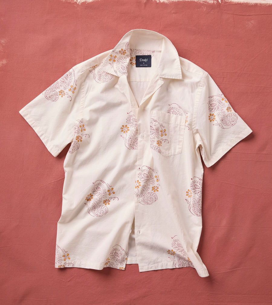 Ecru Floral Block Print Cotton Camp Collar Short Sleeve Shirt