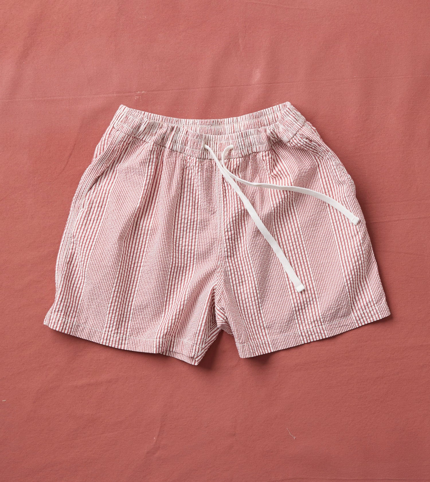 Red Stripe Seersucker Cotton Drawstring Shorts