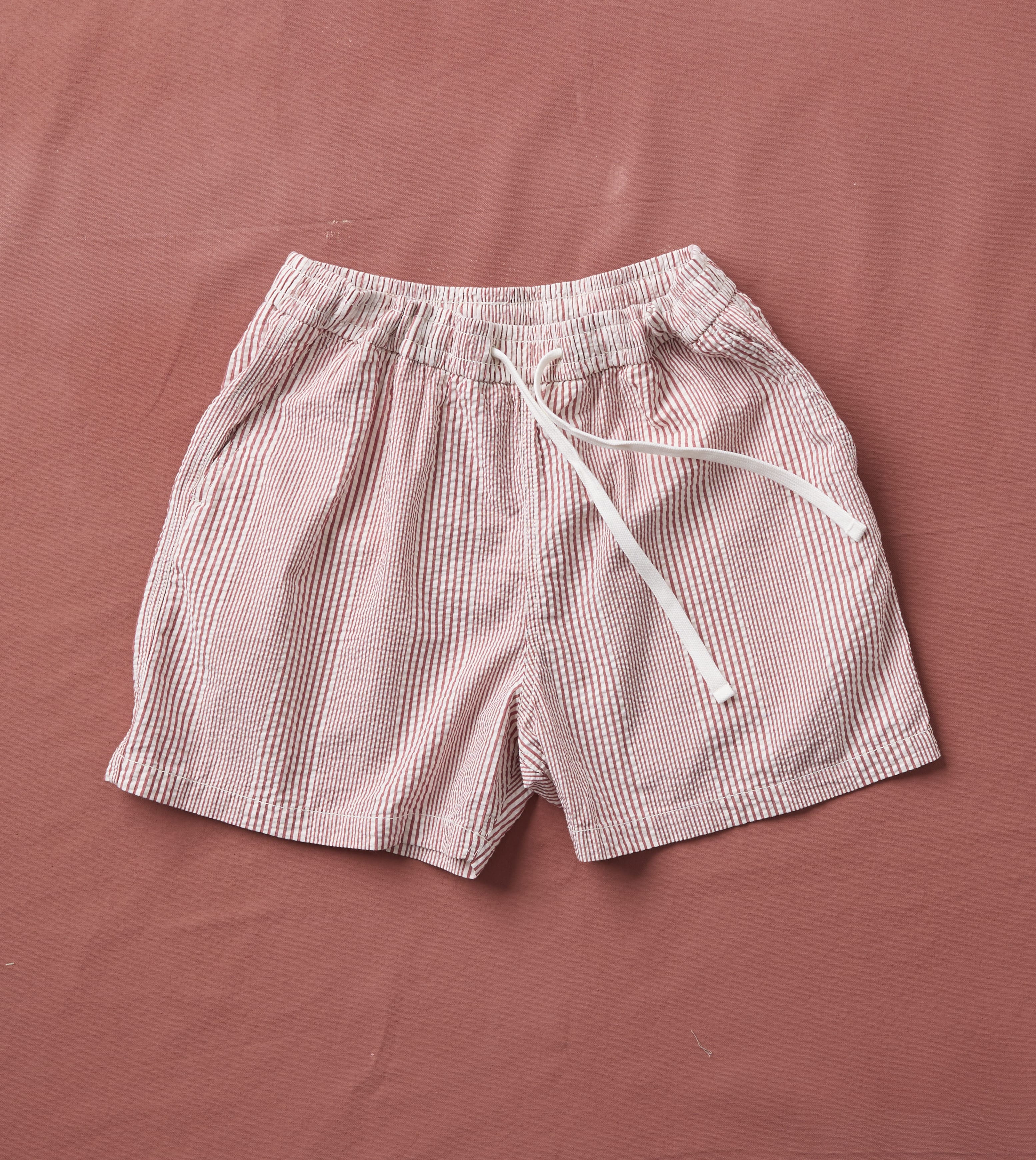Red Stripe Seersucker Cotton Drawstring Shorts