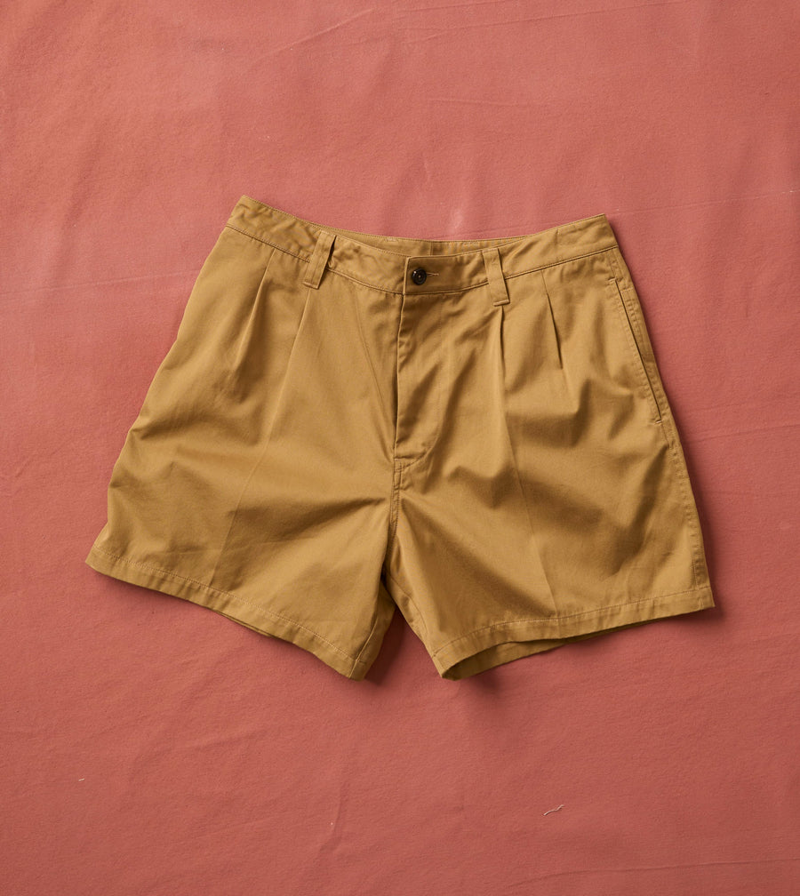 Khaki Cotton Wide Leg Double-Pleat Shorts