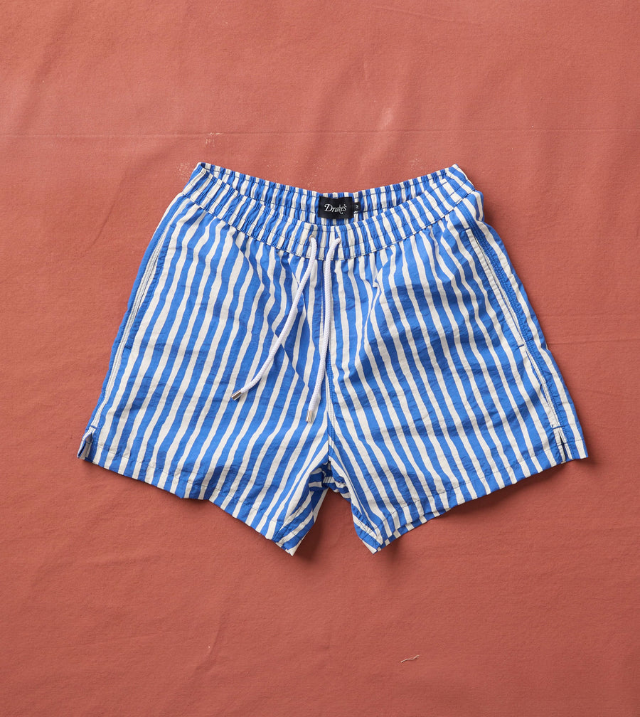 Blue Stripe Print Nylon Drawstring Swim Shorts