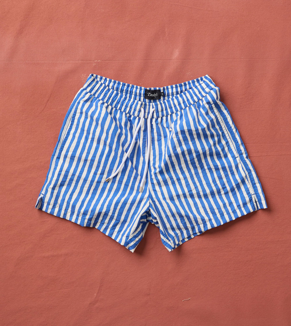 Blue Stripe Print Nylon Drawstring Swim Shorts