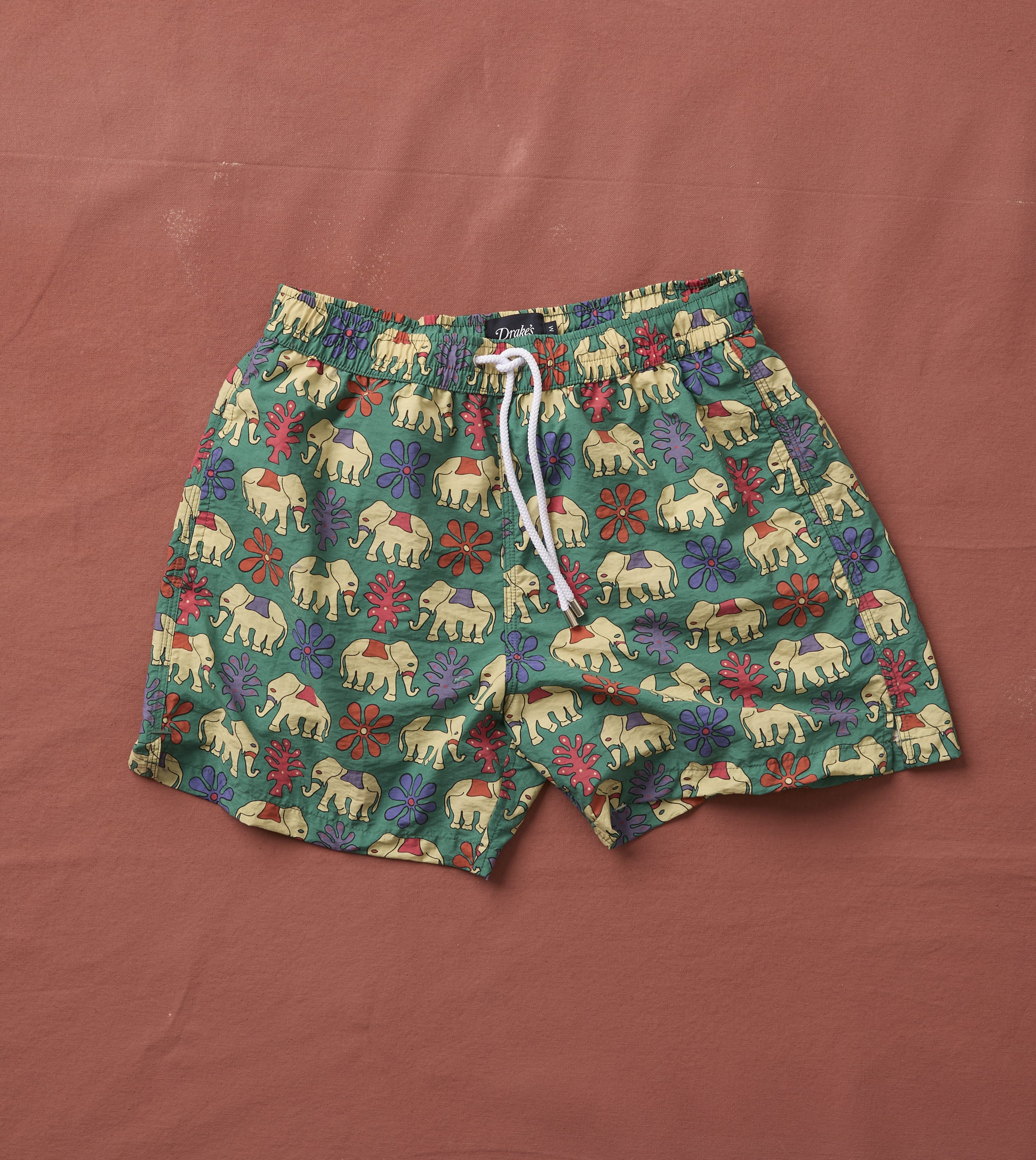 Elephant Print Nylon Drawstring Swim Shorts