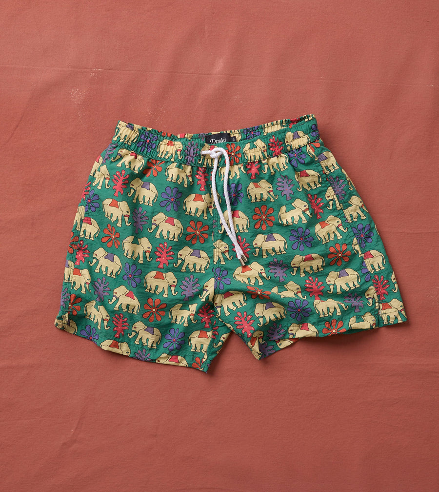 Elephant Print Nylon Drawstring Swim Shorts