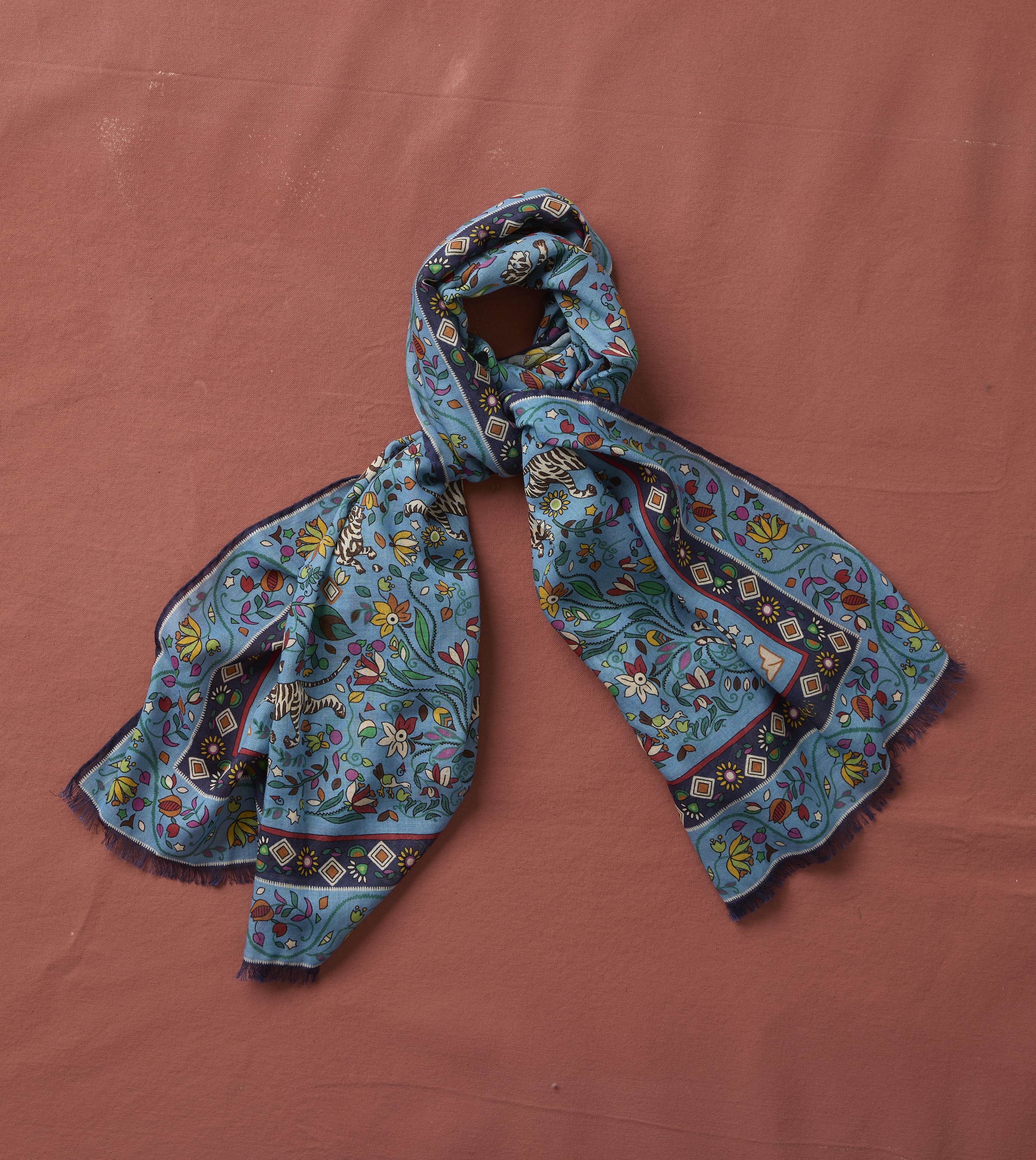 Blue Tiger Garden Print Wool Silk Scarf – Drakes