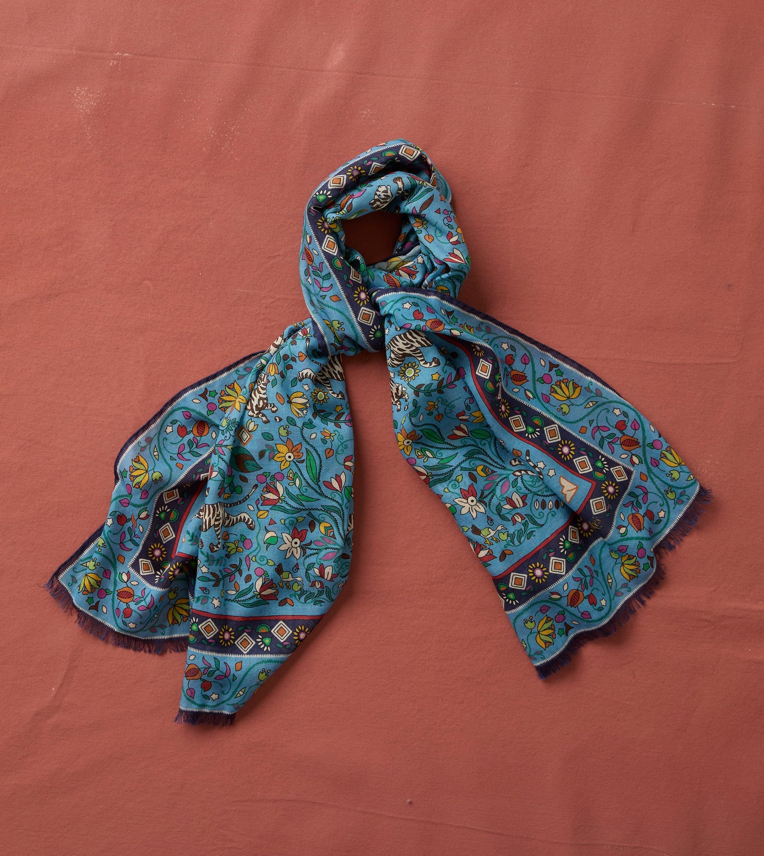 Blue Tiger Garden Print Wool Silk Scarf
