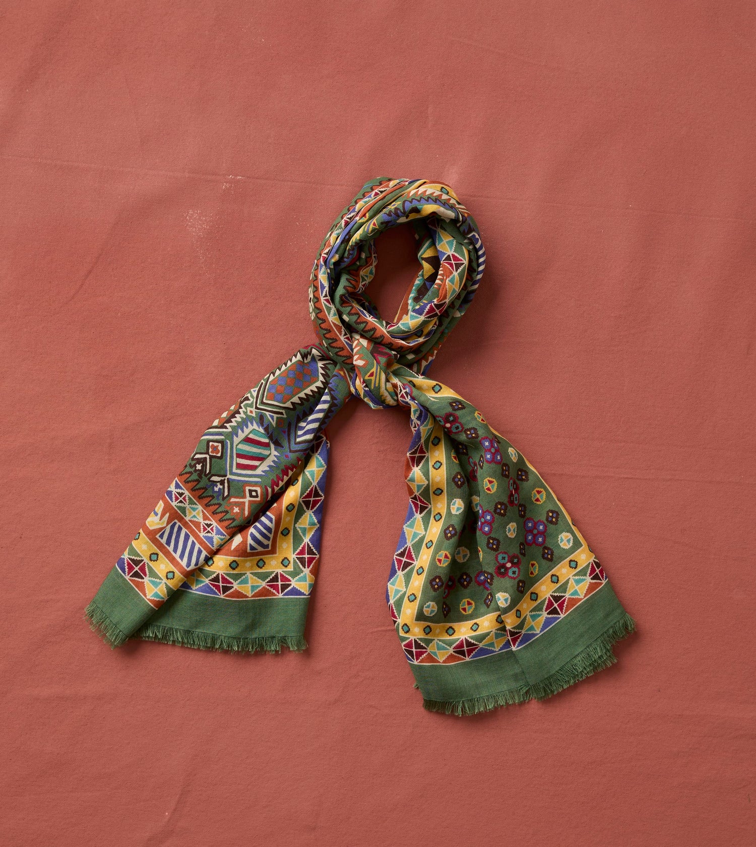 Olive Rug Print Tubular Wool-Silk Scarf
